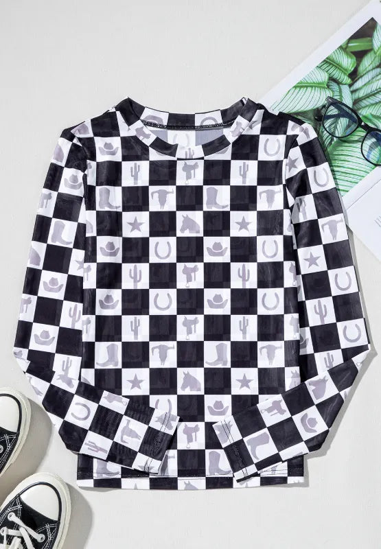 Checkered Mock Neck Long Sleeve Top - Roe Creation