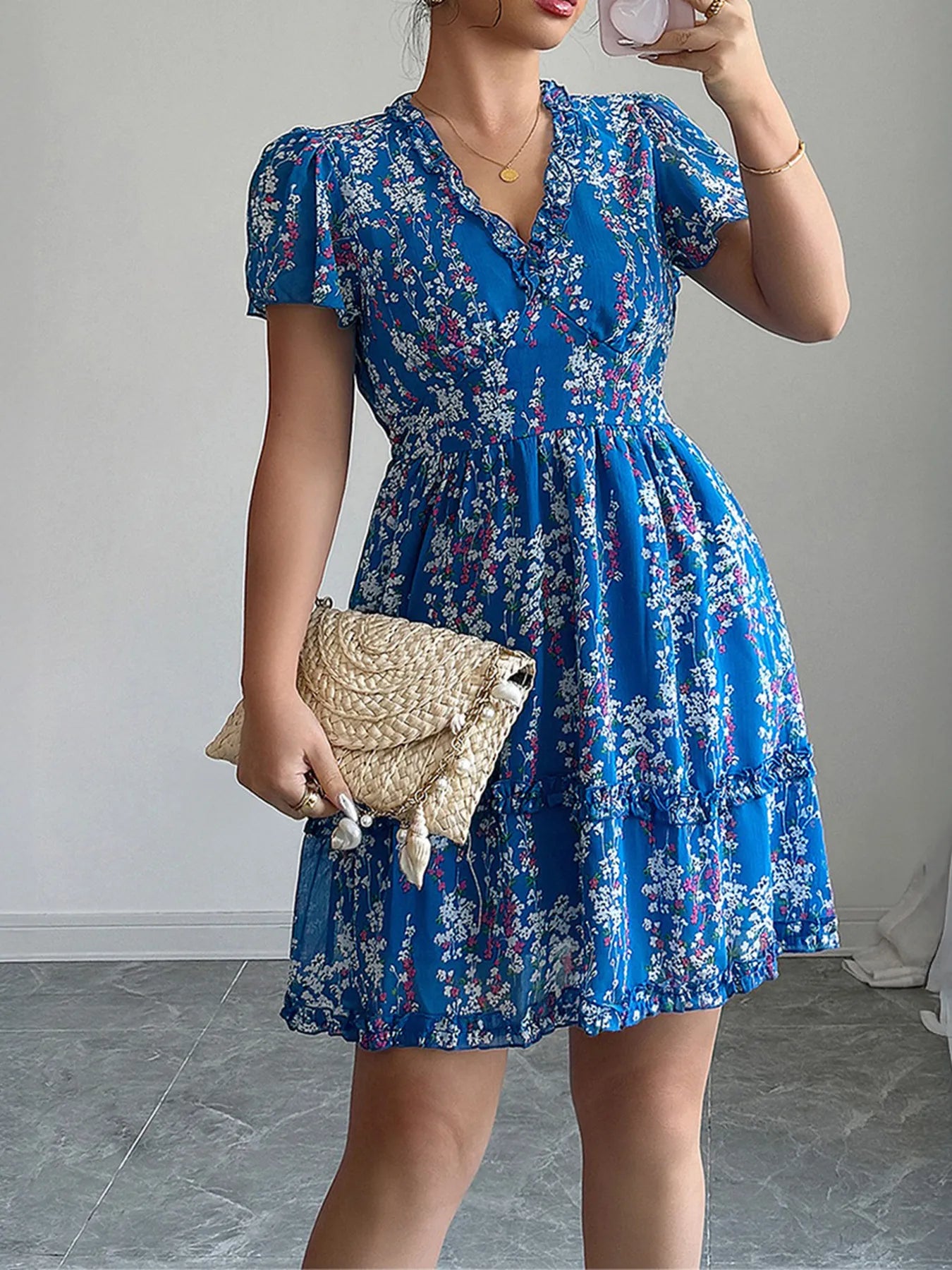 Floral Wrap Dress with Flutter Sleeves - Roe Creation
