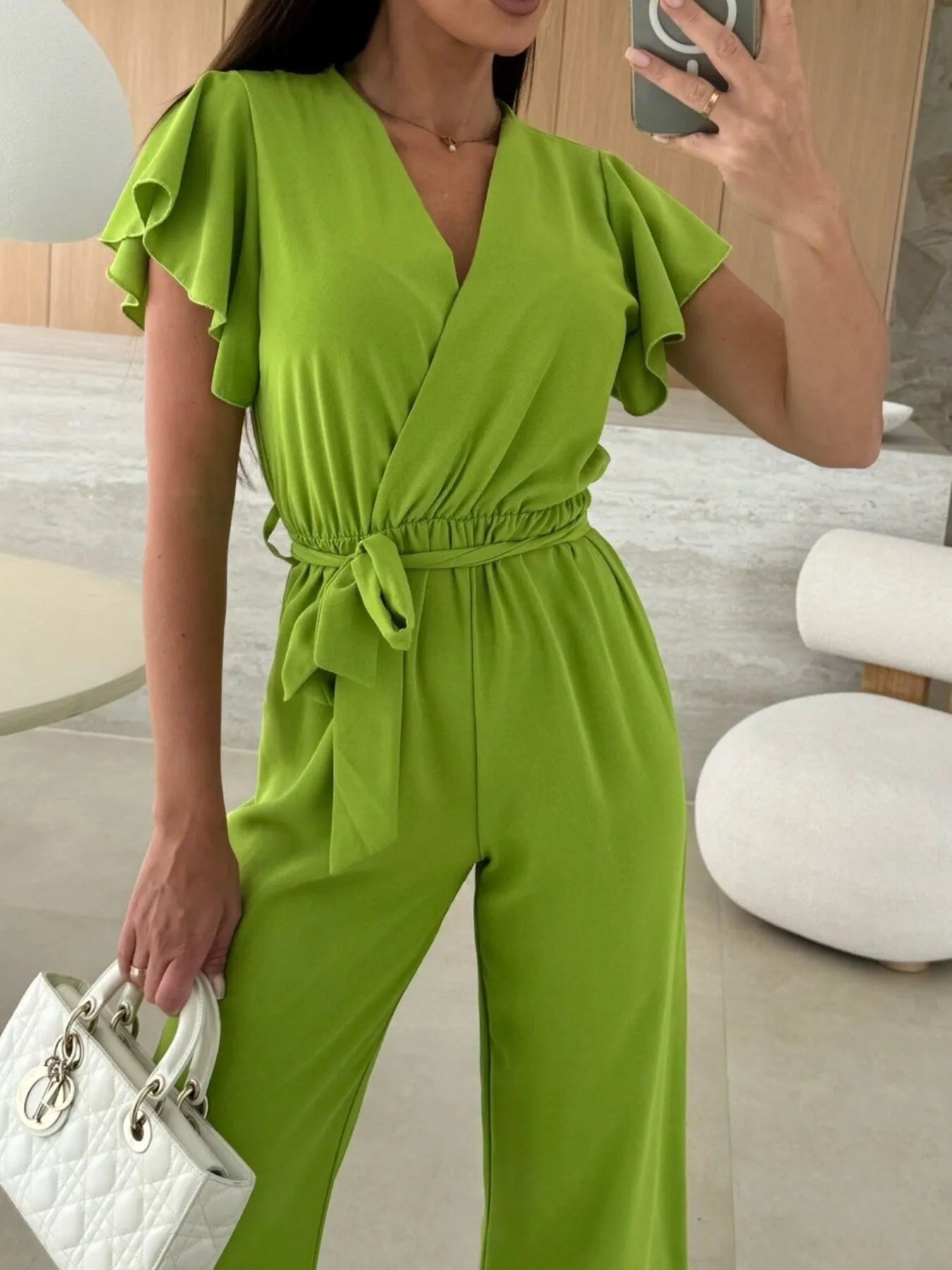 Surplice Wide Leg Belted Jumpsuit - Roe Creation