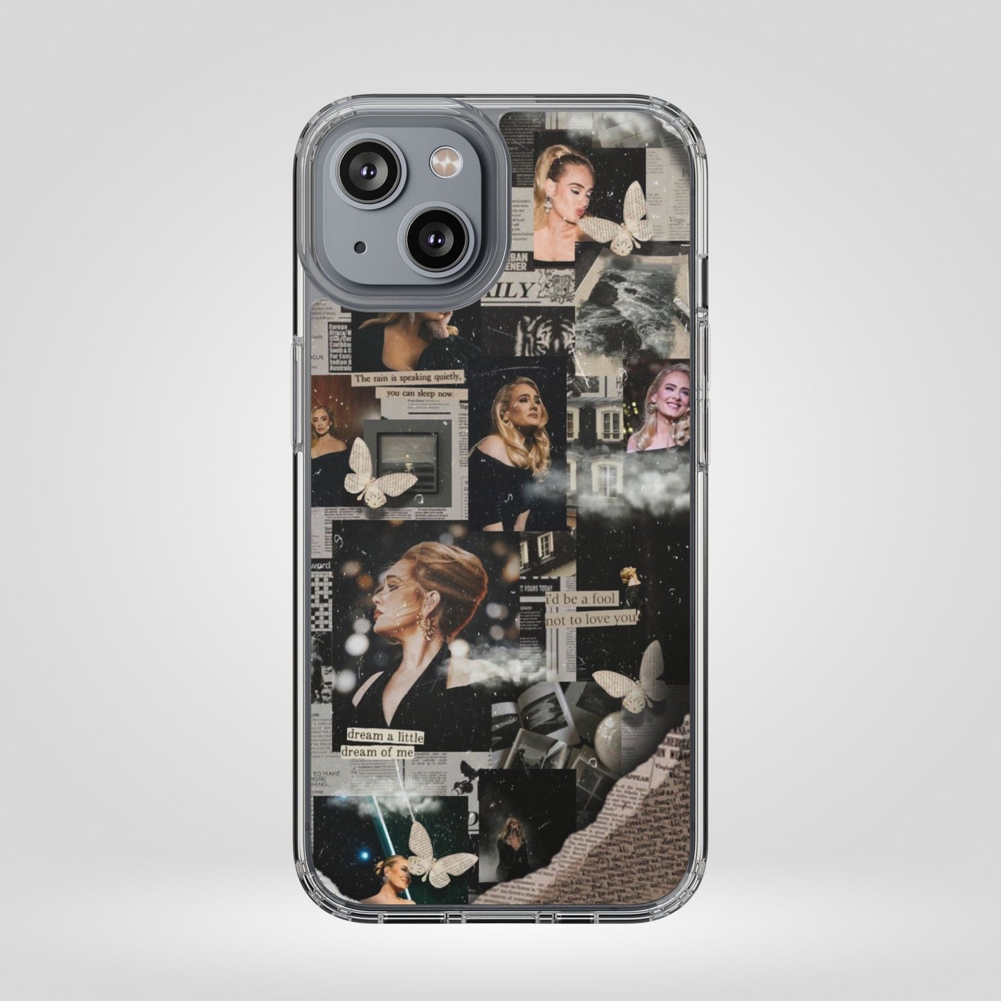 Adele Aesthetic Clear Phone Case with Butterfly Collage Design