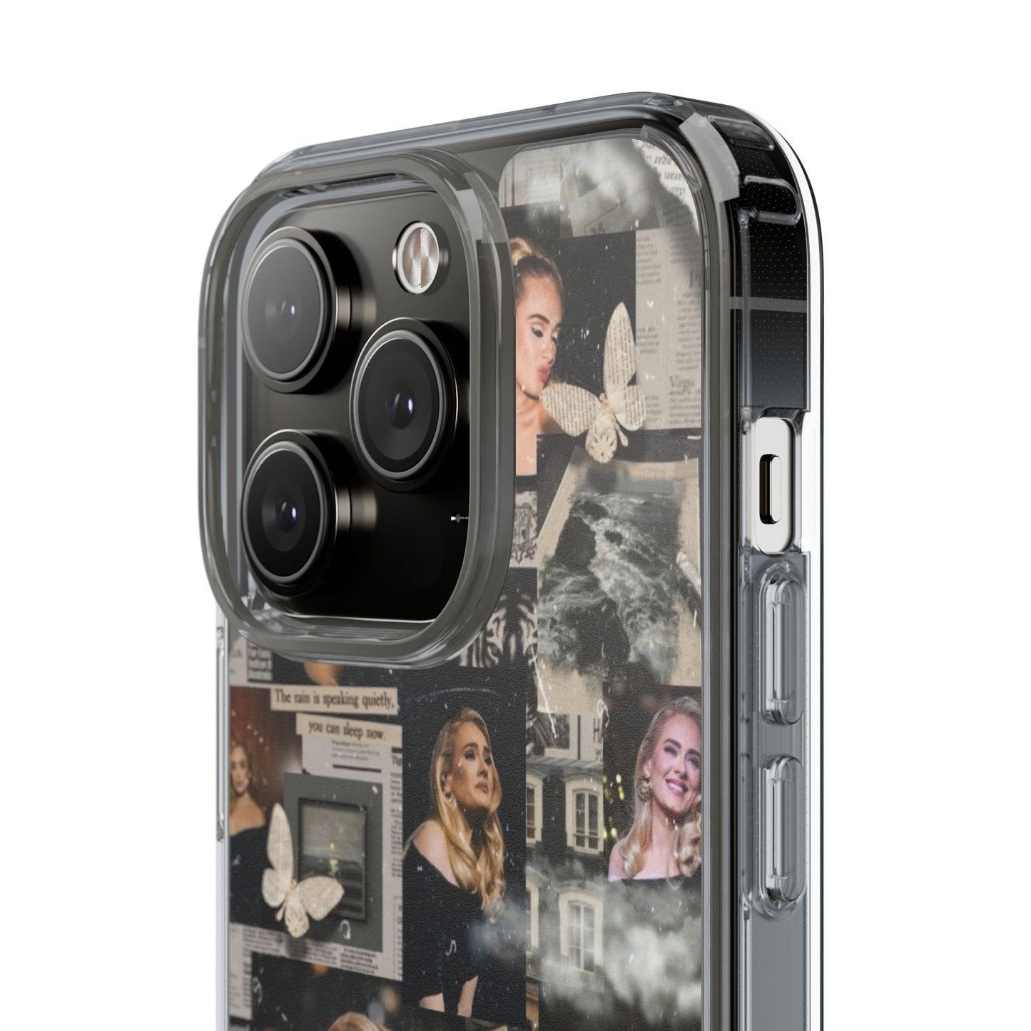Adele Aesthetic Clear Phone Case with Butterfly Collage Design