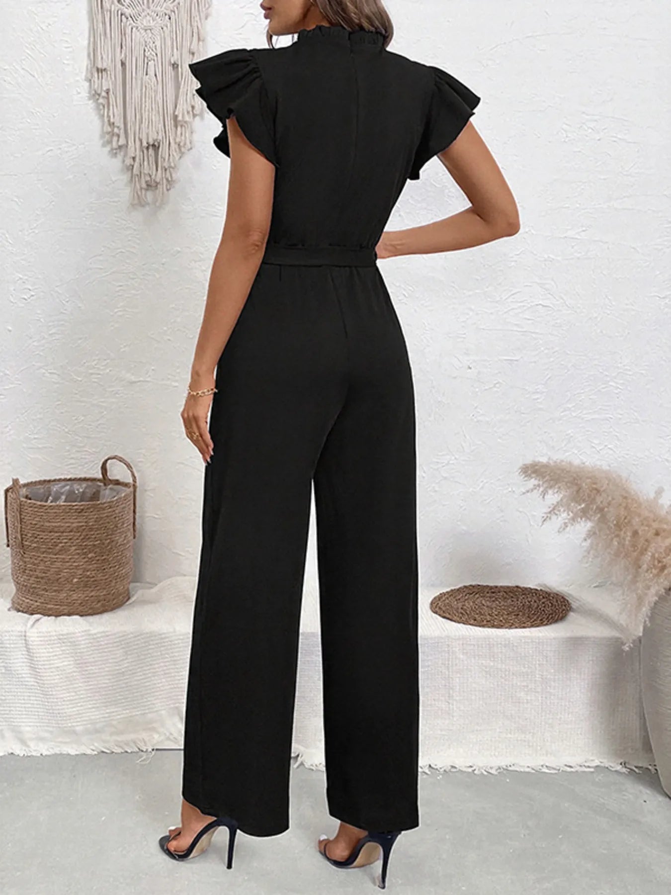 Pearl Detail Ruffled Cap Sleeve Jumpsuit - Roe Creation