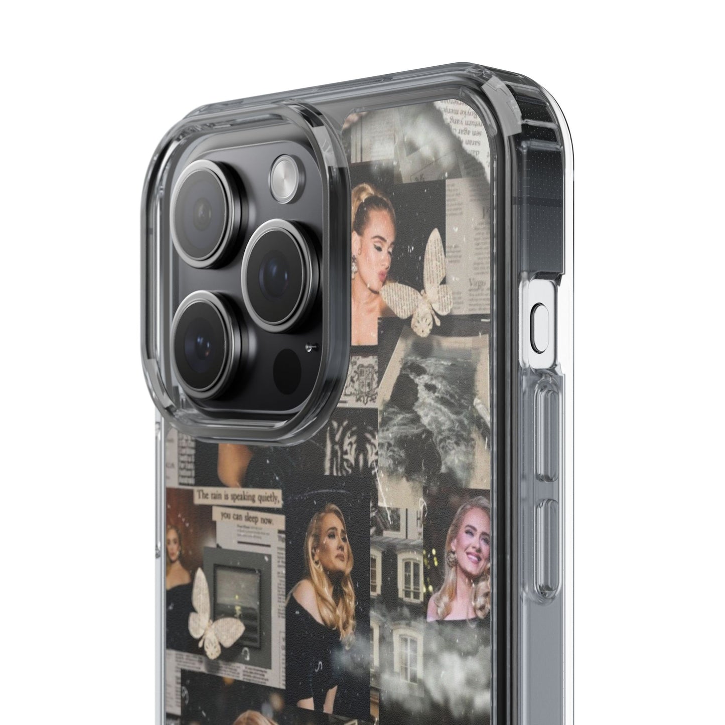 Adele Aesthetic Clear Phone Case with Butterfly Collage Design
