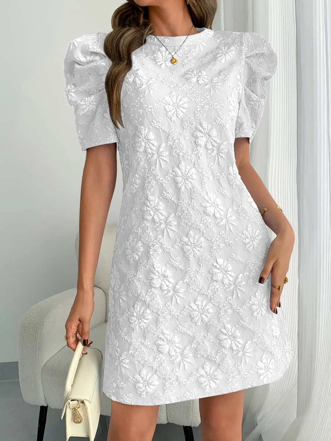 Round Neck Puff Short Sleeve Mini Dress - Roe Creation