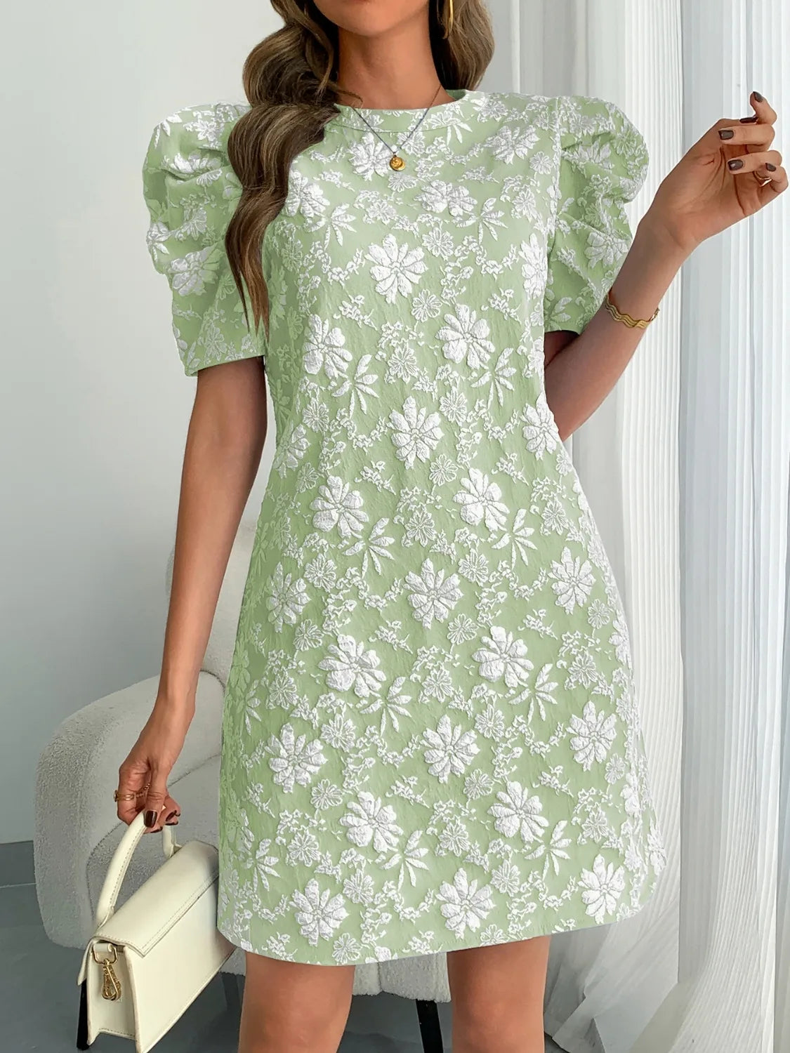 Round Neck Puff Short Sleeve Mini Dress - Roe Creation