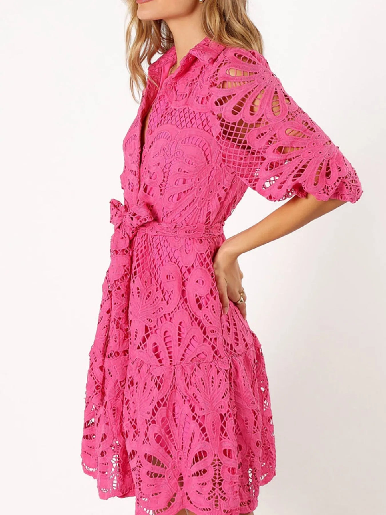Lace Tie Waist Half Sleeve Dress - Roe Creation