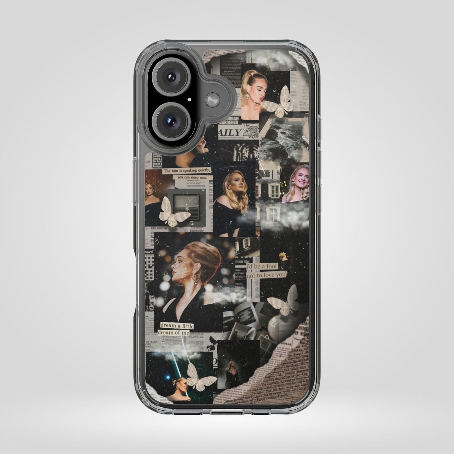 Adele Aesthetic Clear Phone Case with Butterfly Collage Design