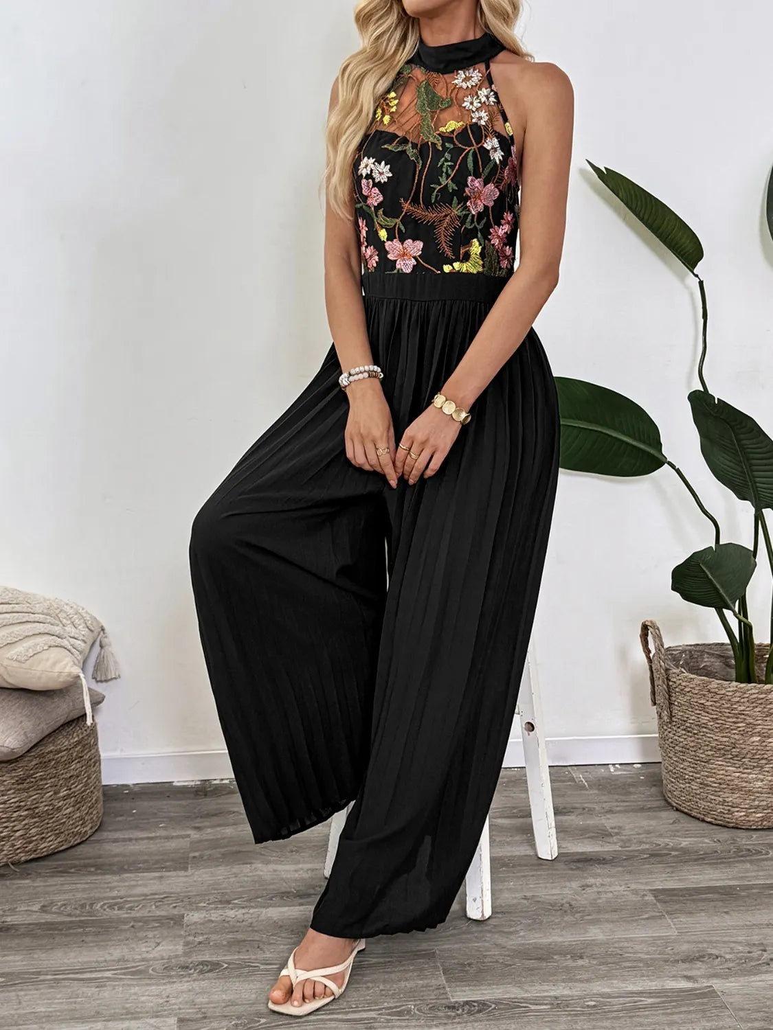 Floral Embroidered Halter Neck Pleated Jumpsuit - Roe Creation