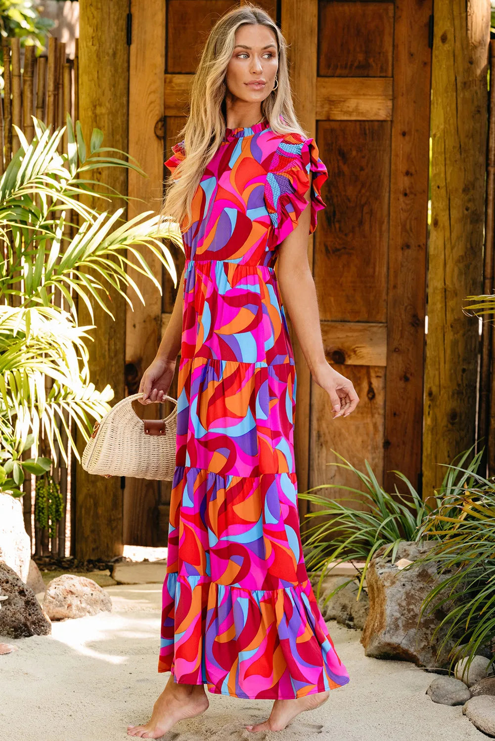 Full Size Printed Ruffled Mock Neck Tiered Dress - Roe Creation