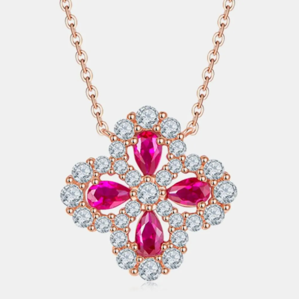 925 Sterling Silver Lab-Grown Ruby Flower Shape Necklace - Roe Creation