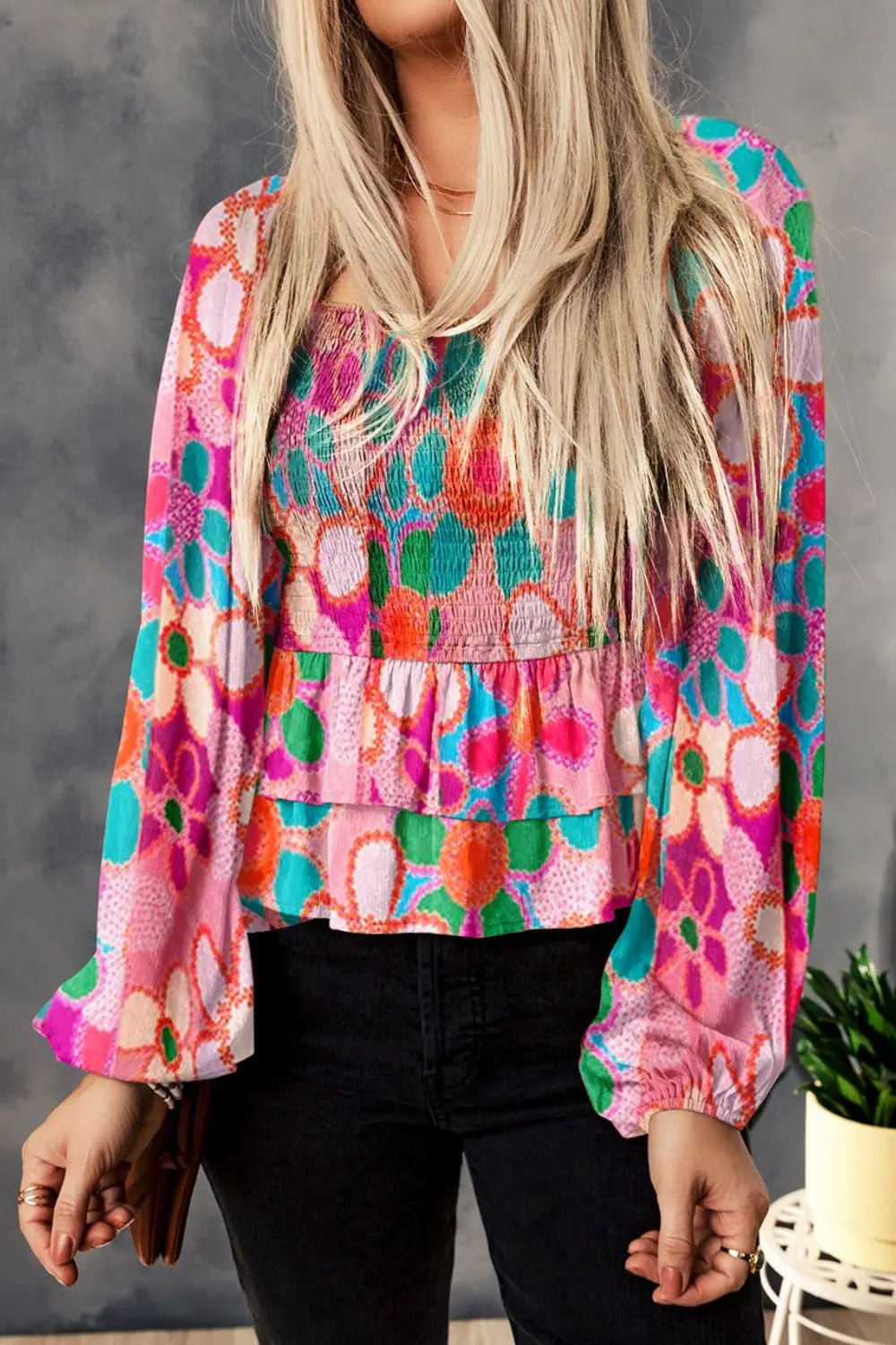 Floral Smocked Ruffled Balloon Sleeve Blouse - Roe Creation