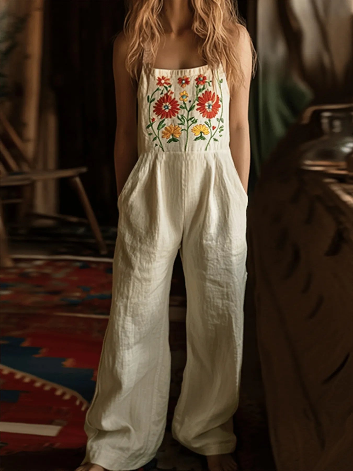 Floral Embroidered Wide Leg Jumpsuit - Roe Creation