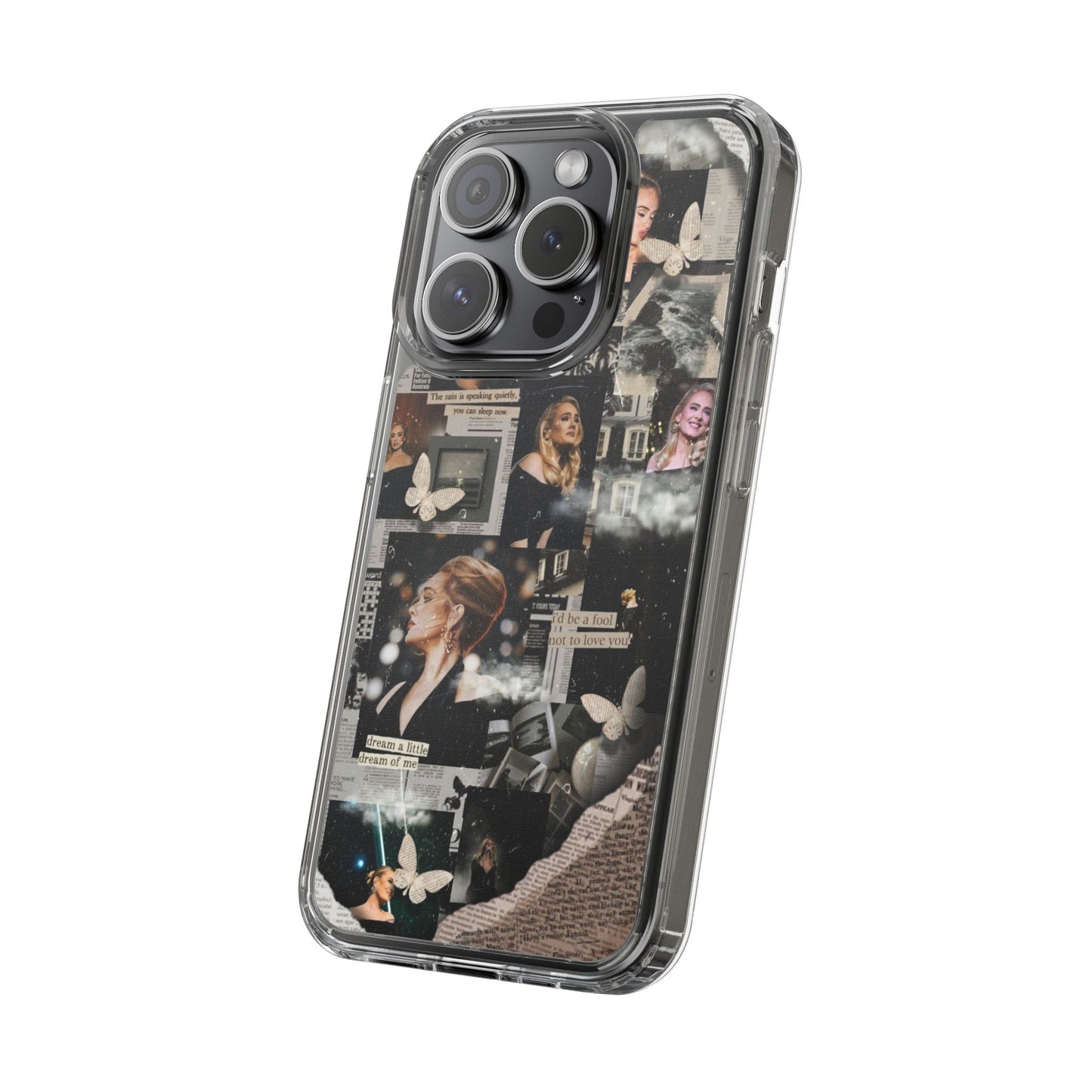 Adele Aesthetic Clear Phone Case with Butterfly Collage Design