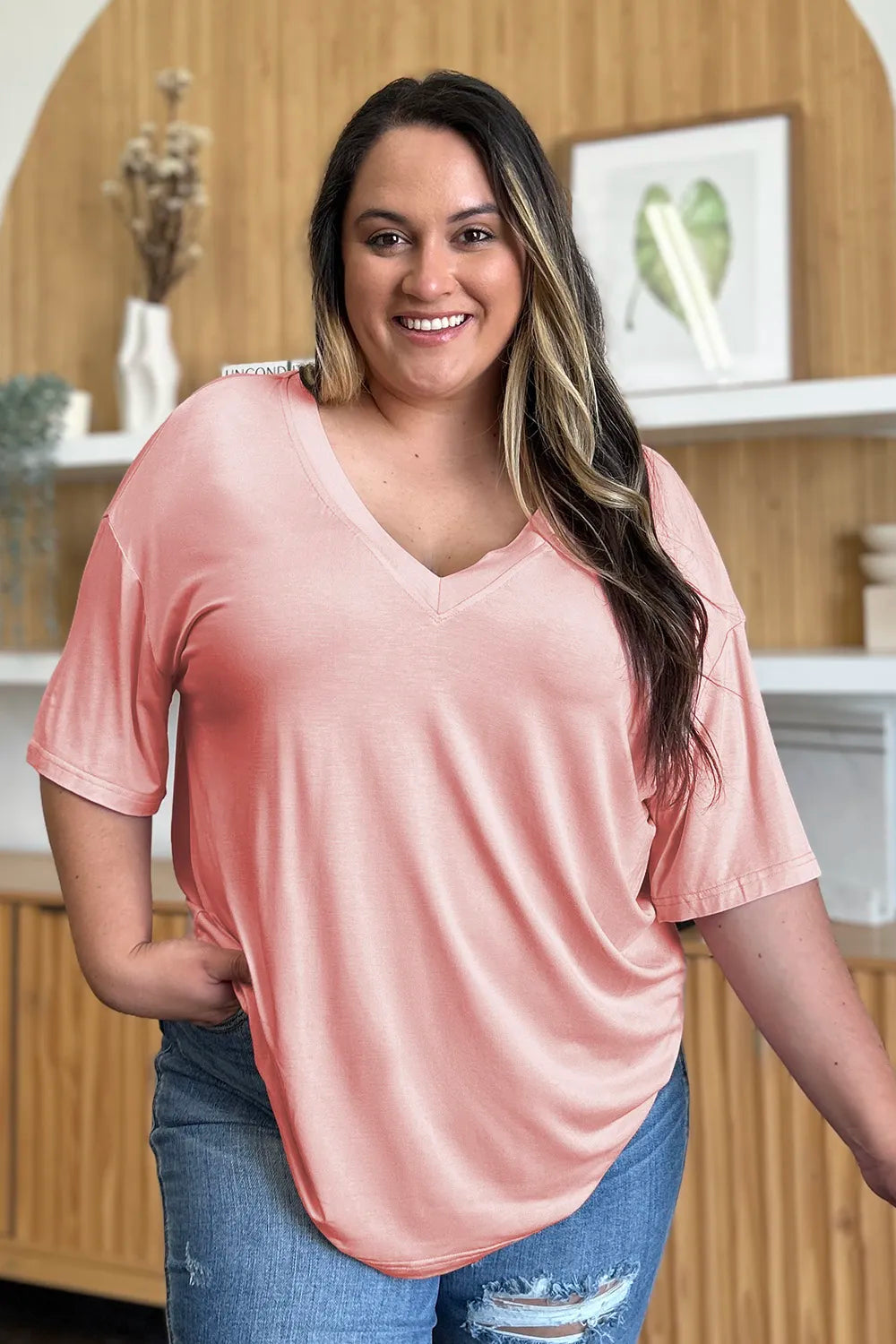Basic Bae Full Size Bamboo V-Neck Drop Shoulder T-Shirt - Roe Creation