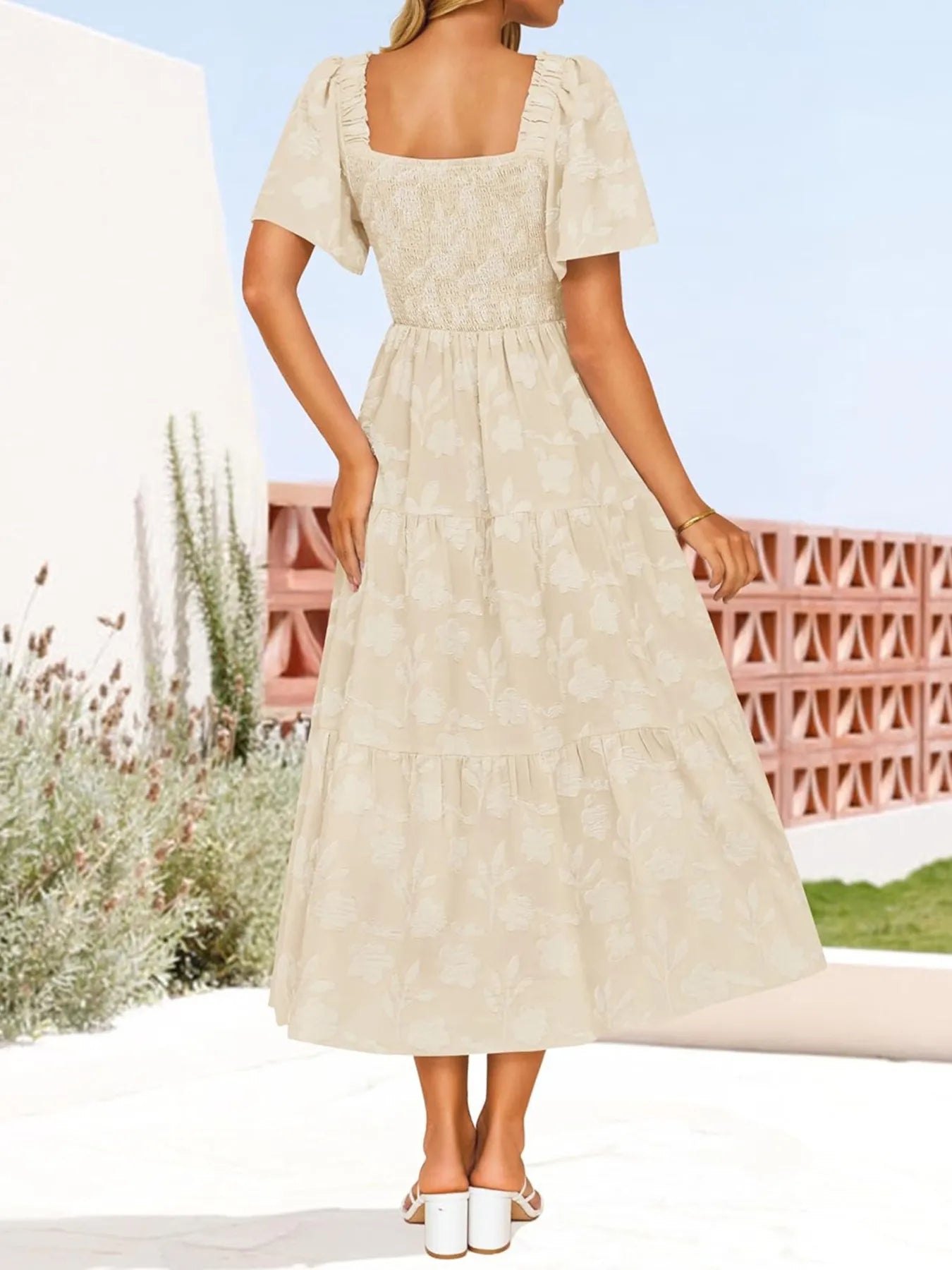 Smocked Square Neck Short Sleeve Dress - Roe Creation
