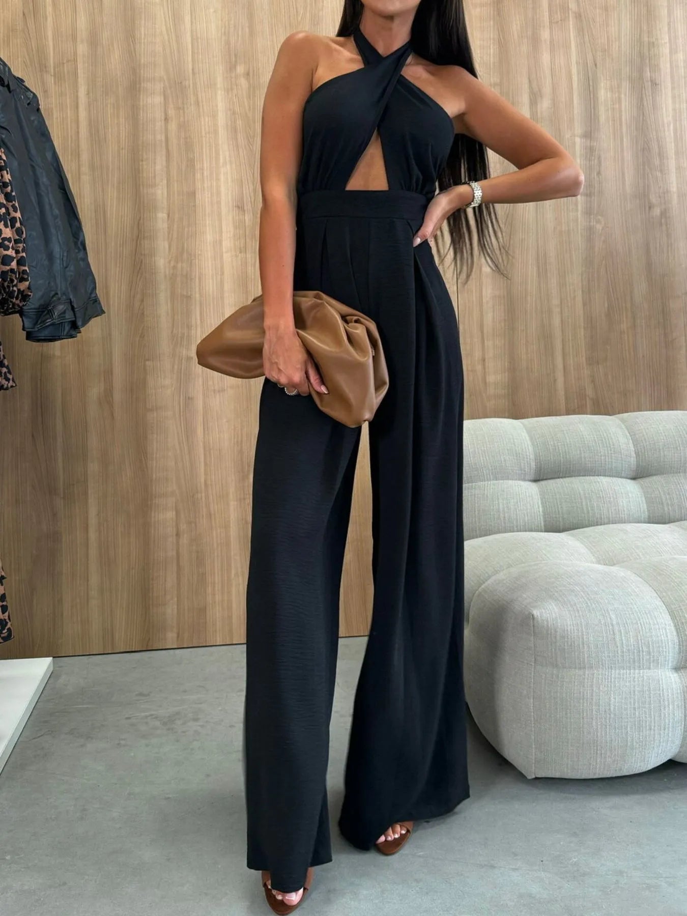 Wide Leg Cutout Halter Neck Jumpsuit - Roe Creation