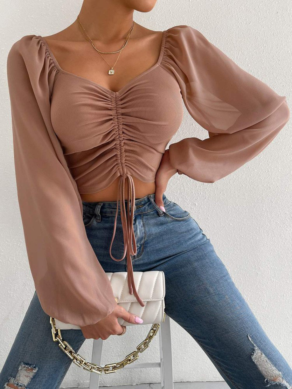 Sweetheart Neck Cropped Top with Drawstring – Trendy Summer Blouse for Women - Roe Creation