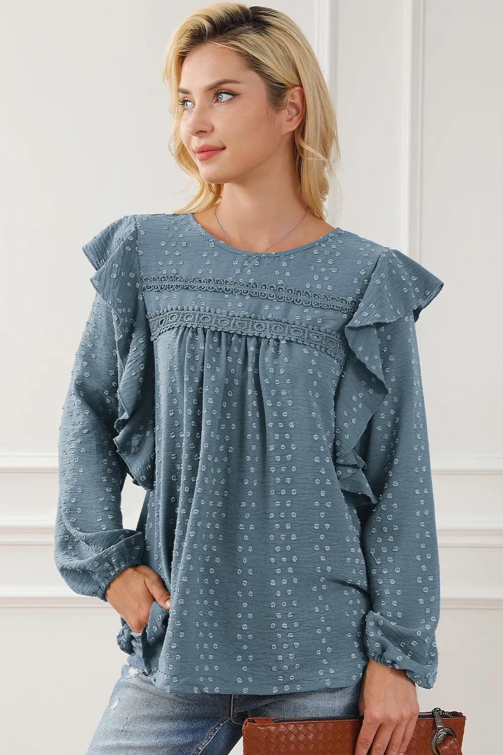 Women’s Round Neck Ruffled Blouse with Lace Detail – Elegant Casual Top - Roe Creation