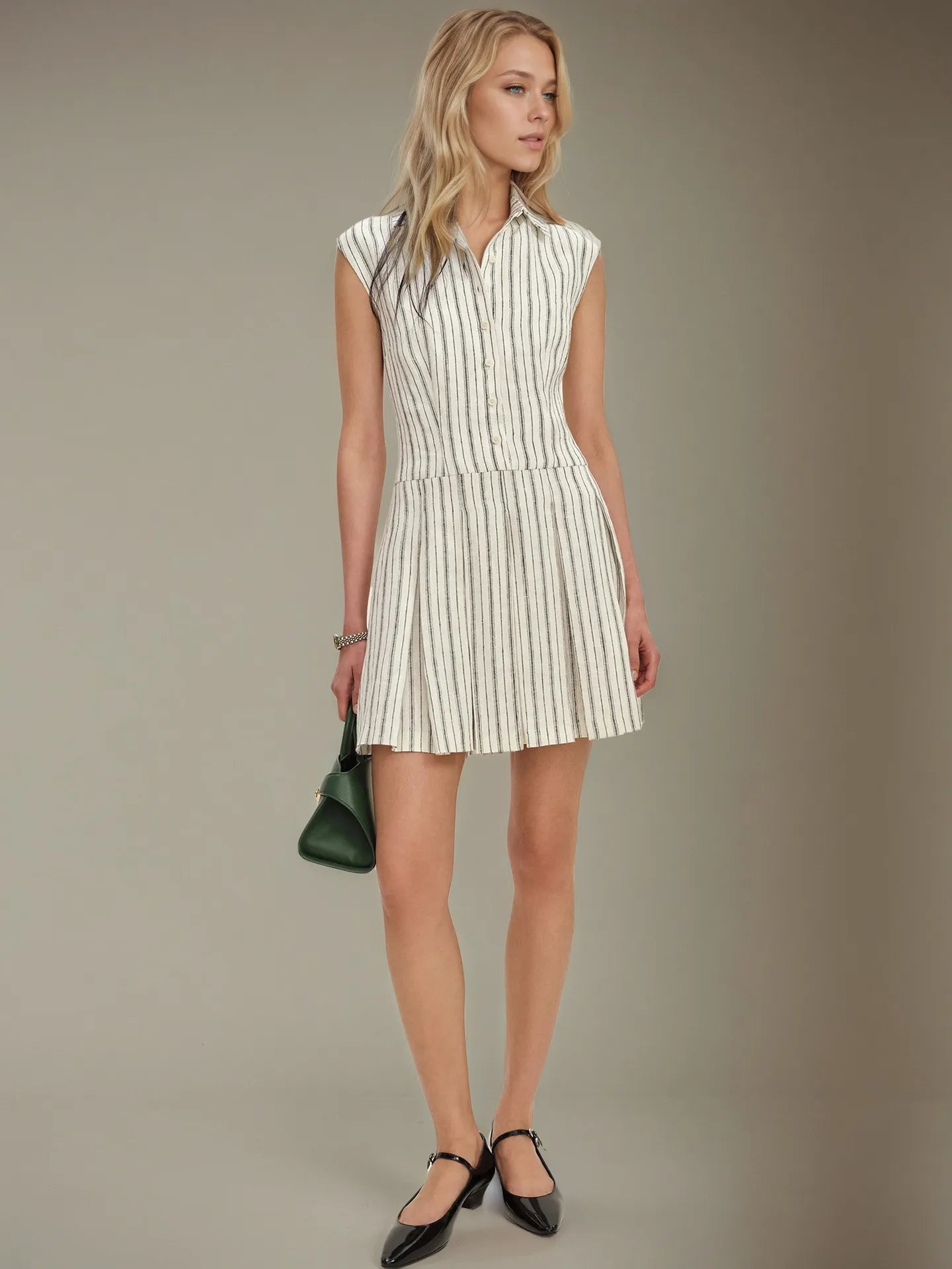 Striped Sleeveless Button Front Shirt Dress - Roe Creation