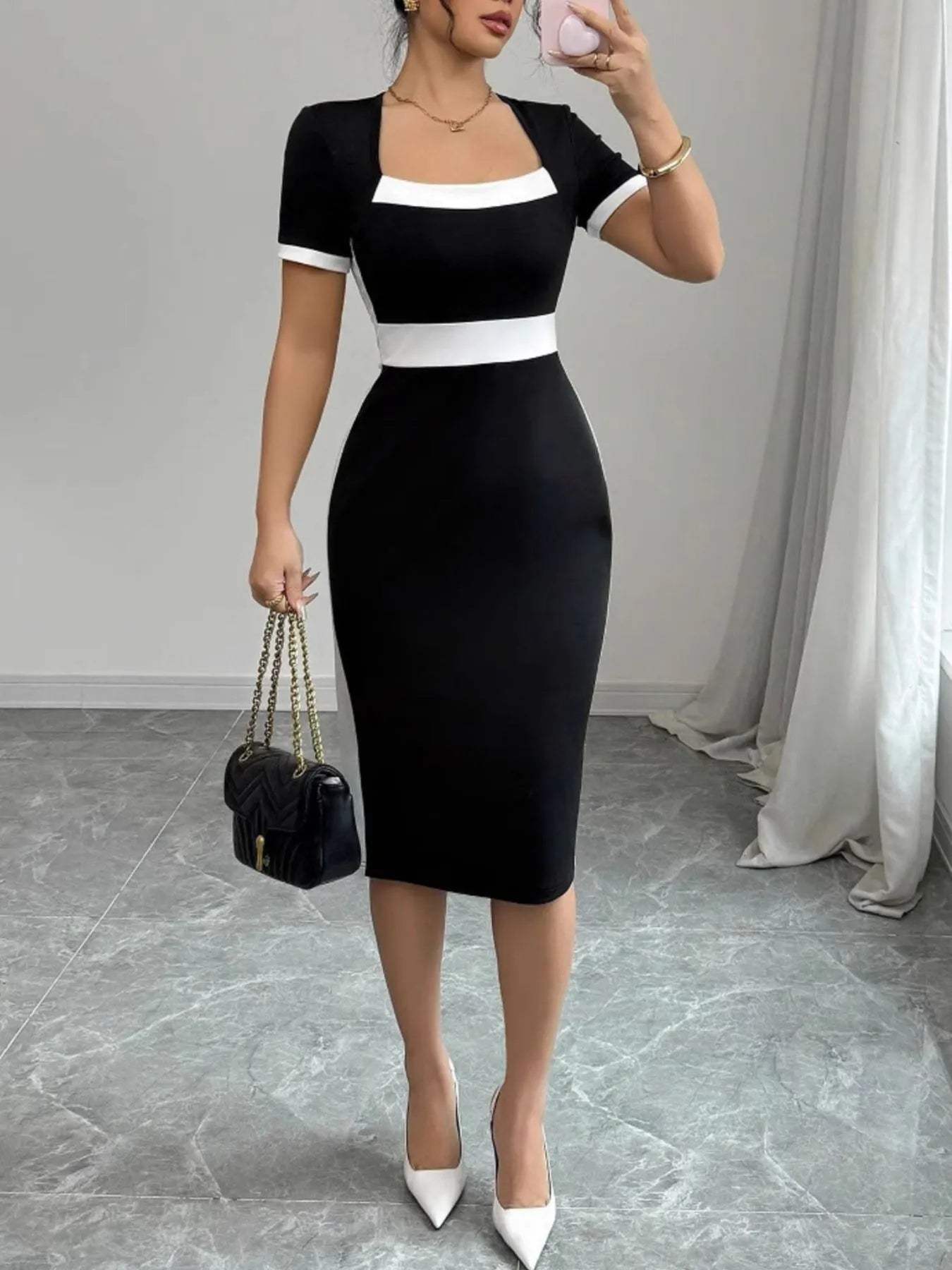 Two-Tone Short Sleeve Bodycon Dress - Roe Creation
