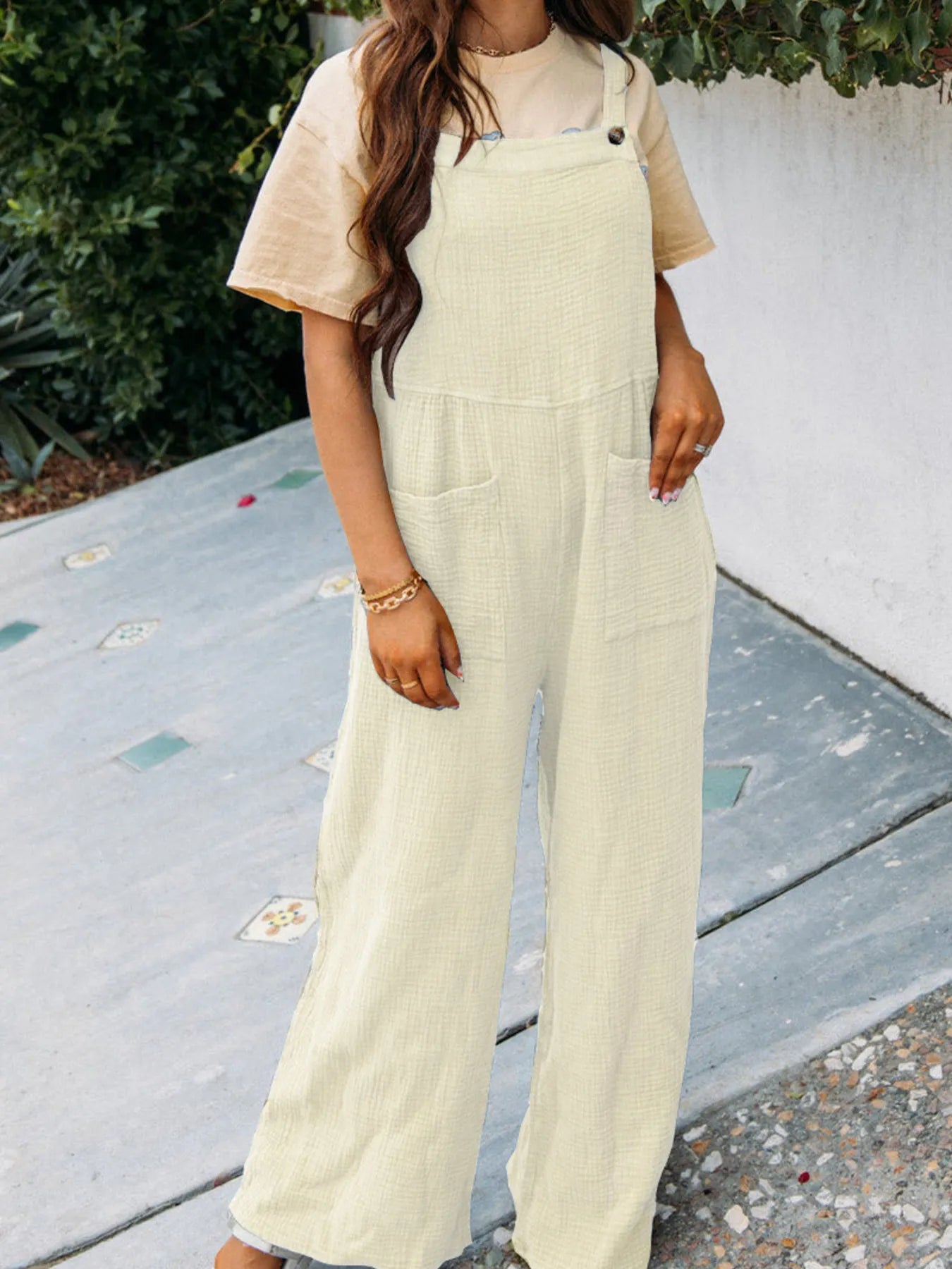Full Size Casual Wide Leg Textured Overalls Plus Size - Roe Creation