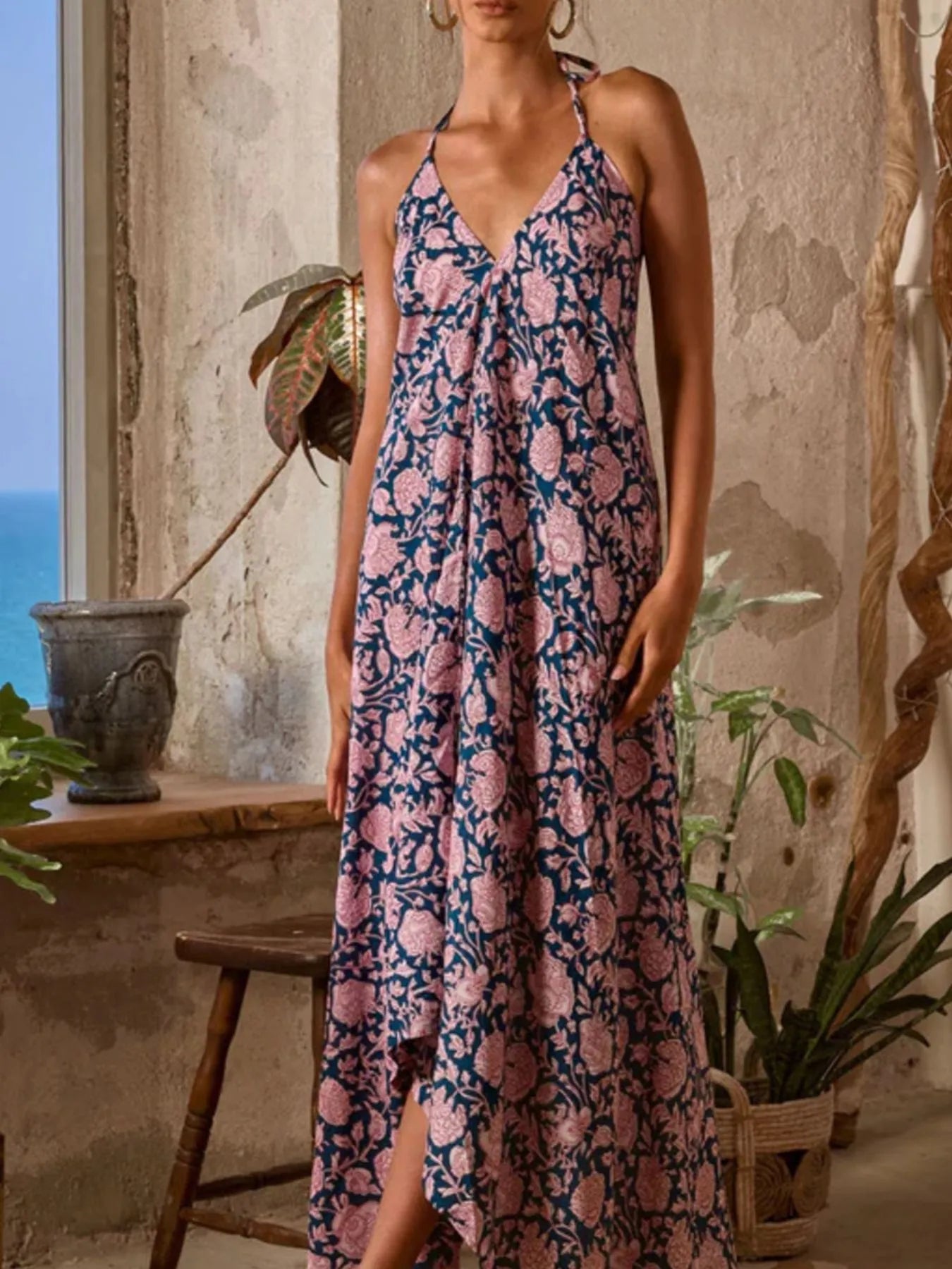 Printed Halter Neck Maxi Cami Dress - Roe Creation