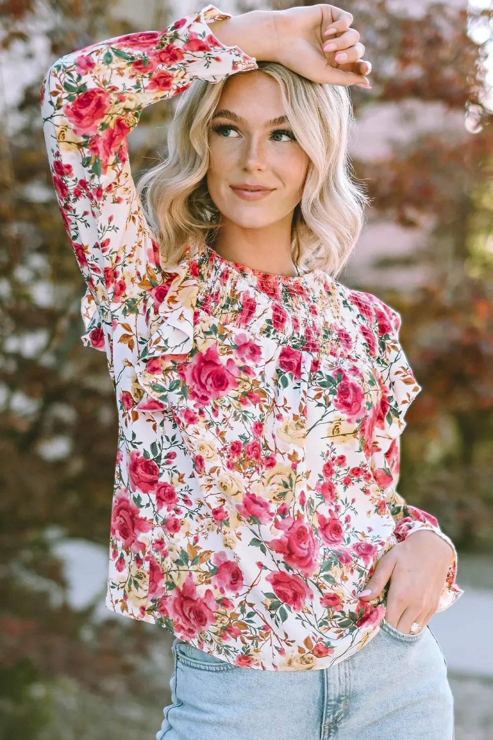 Floral Round Neck Smocked Blouse - Roe Creation