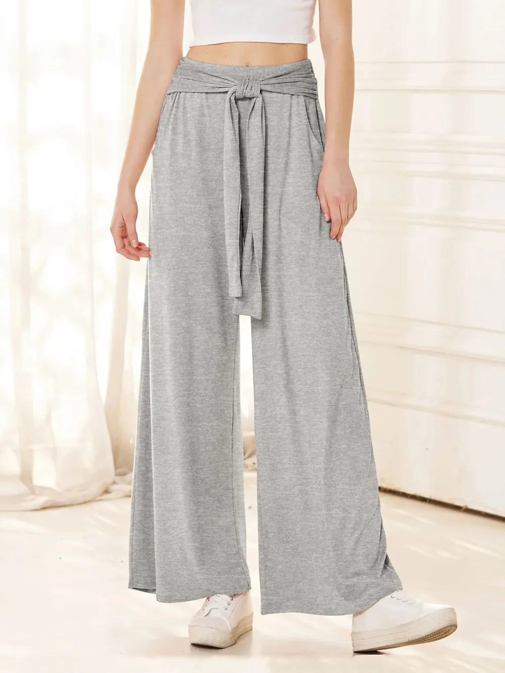 Tied Wide Leg Pants with Pockets - Roe Creation