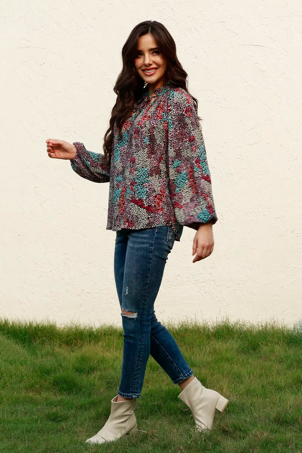 Tie Neck Heathered Blouse with Balloon Sleeves - Roe Creation