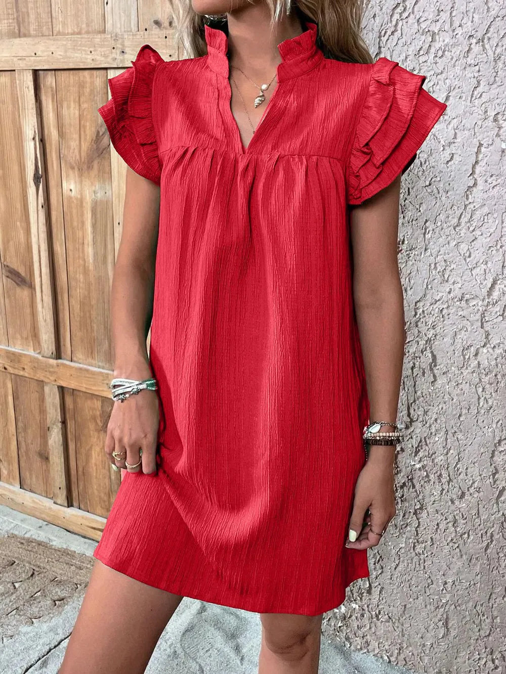 Ruffled Notched Cap Sleeve Mini Dress - Roe Creation