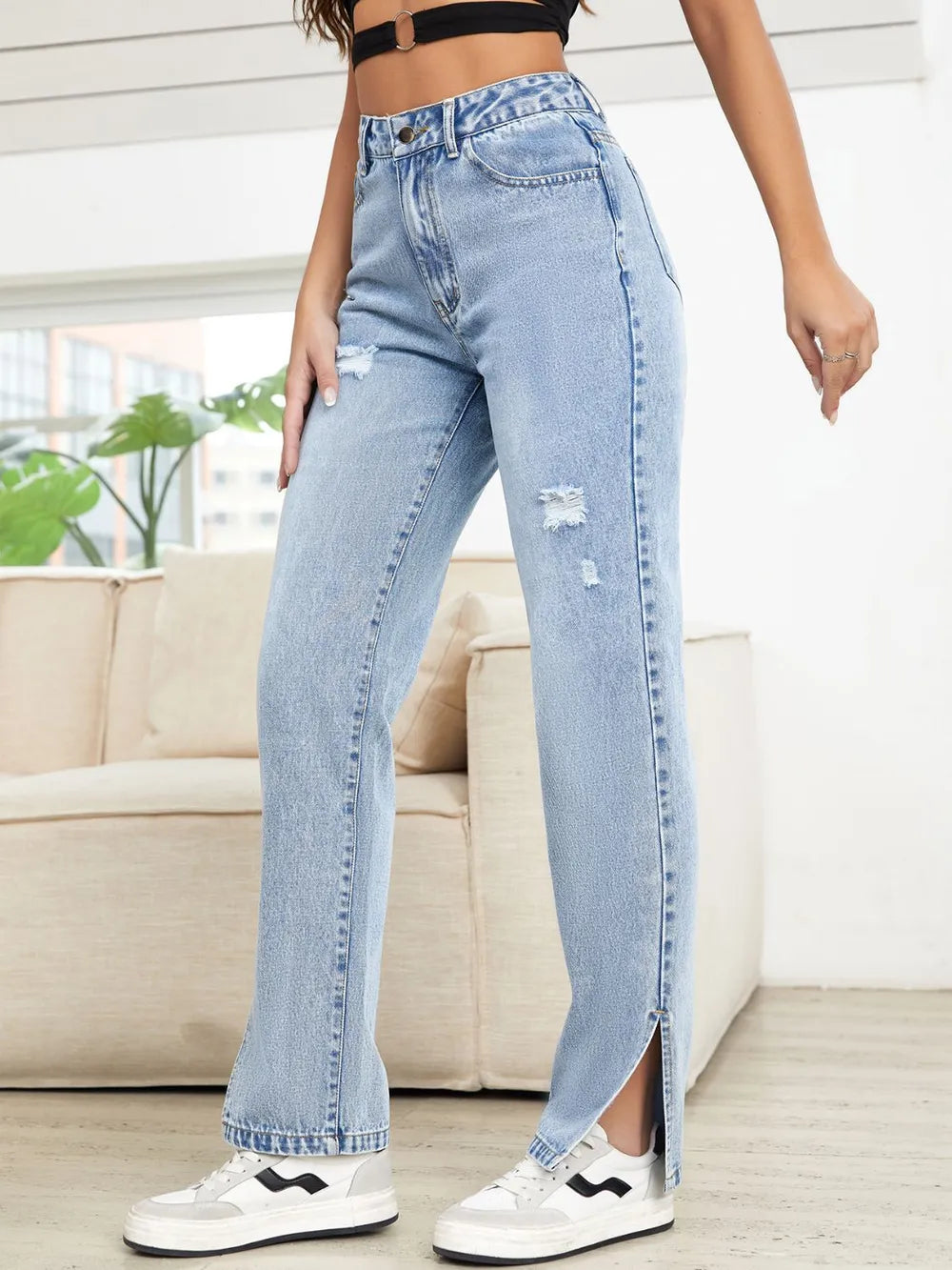 Distressed Slit Straight Leg Jeans - Roe Creation