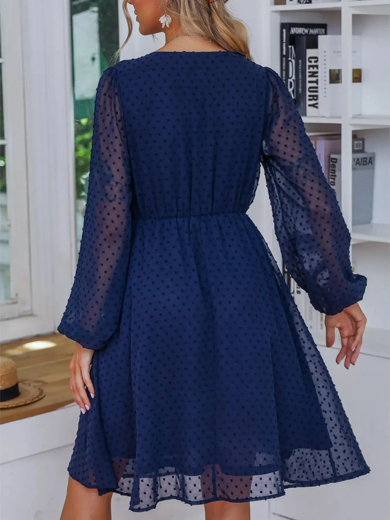 Swiss Dot V-Neck Balloon Sleeve Dress - Roe Creation