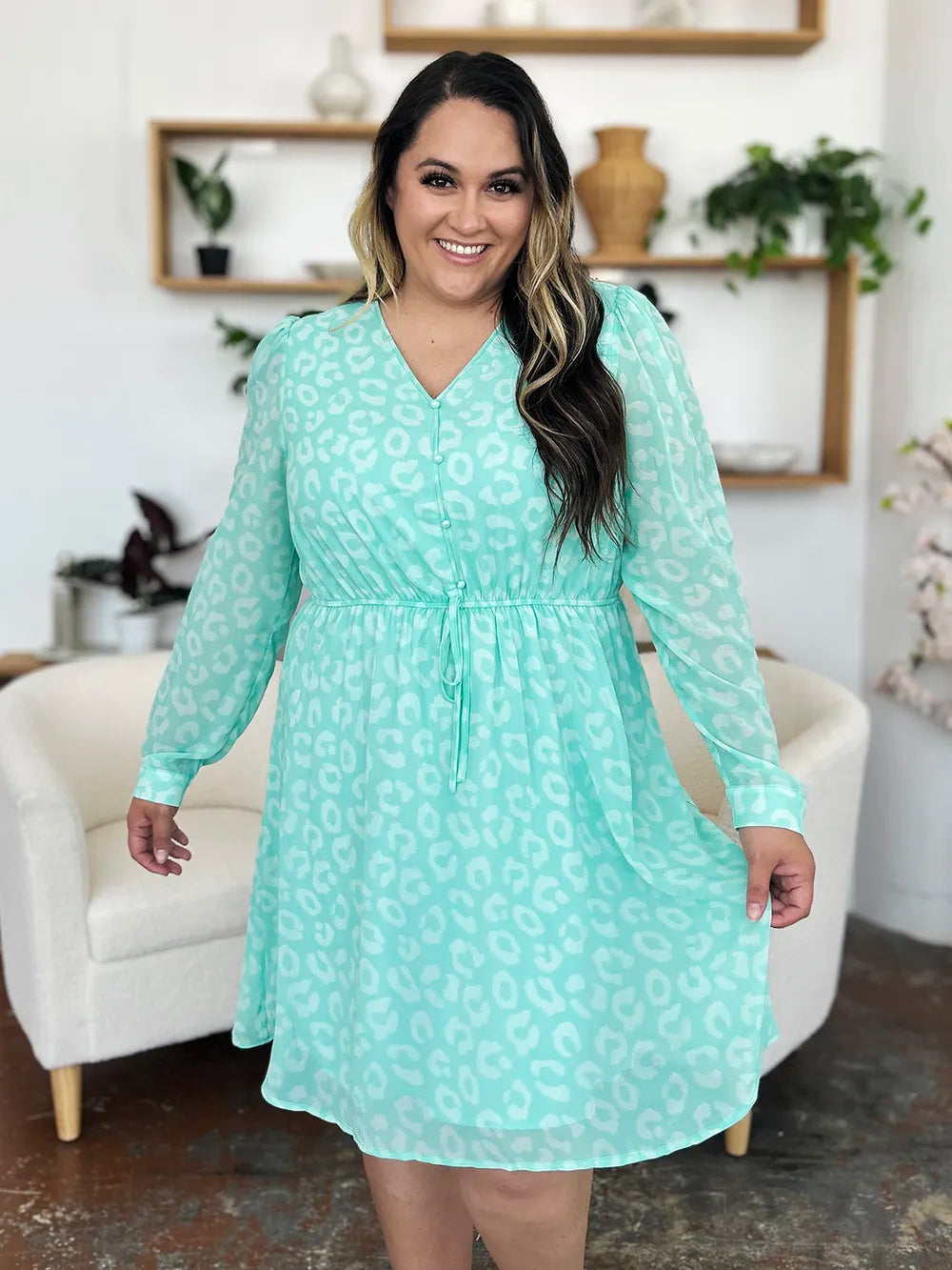 Double Take Full Size Printed Ruched V-Neck Long Sleeve Dress - Roe Creation