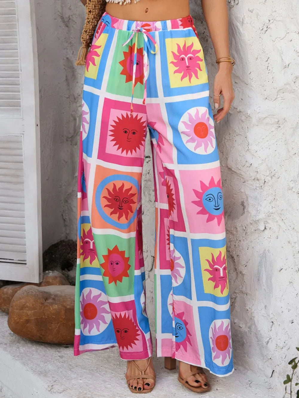 Devine Drawstring Printed Wide Leg Pants - Roe Creation