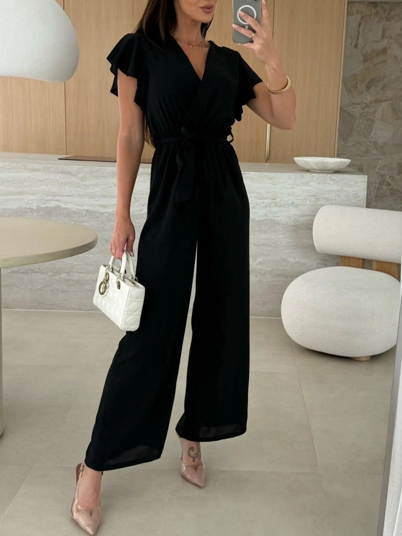 Surplice Wide Leg Belted Jumpsuit - Roe Creation