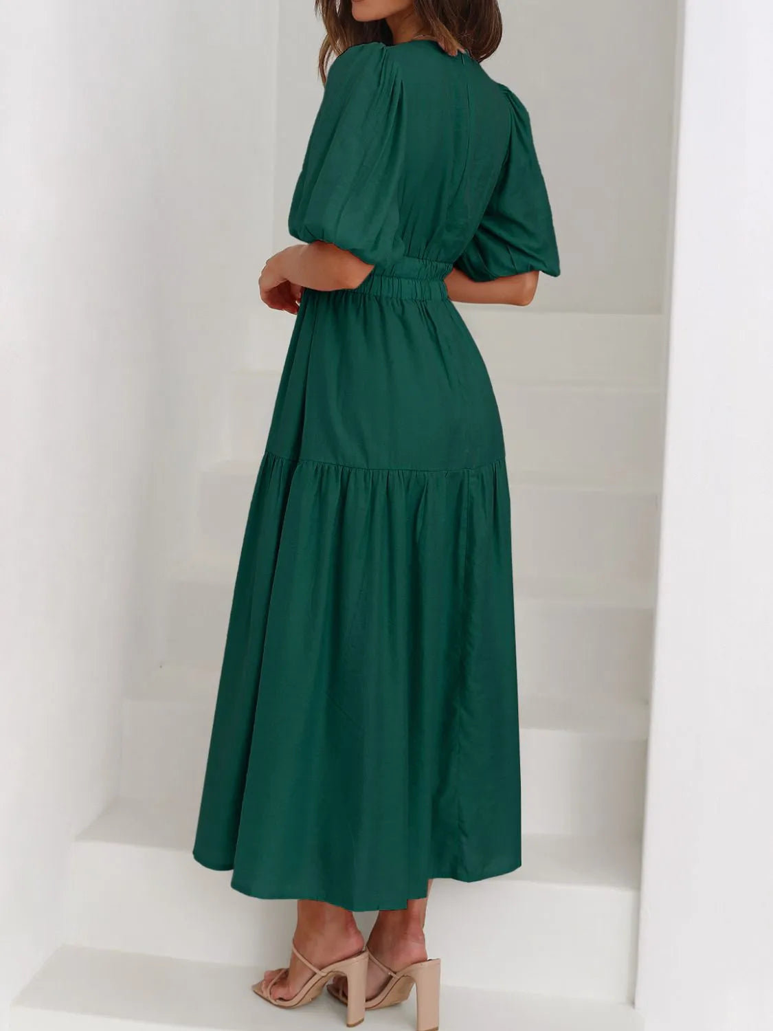 V-Neck Puff Sleeve Midi Dress - Roe Creation