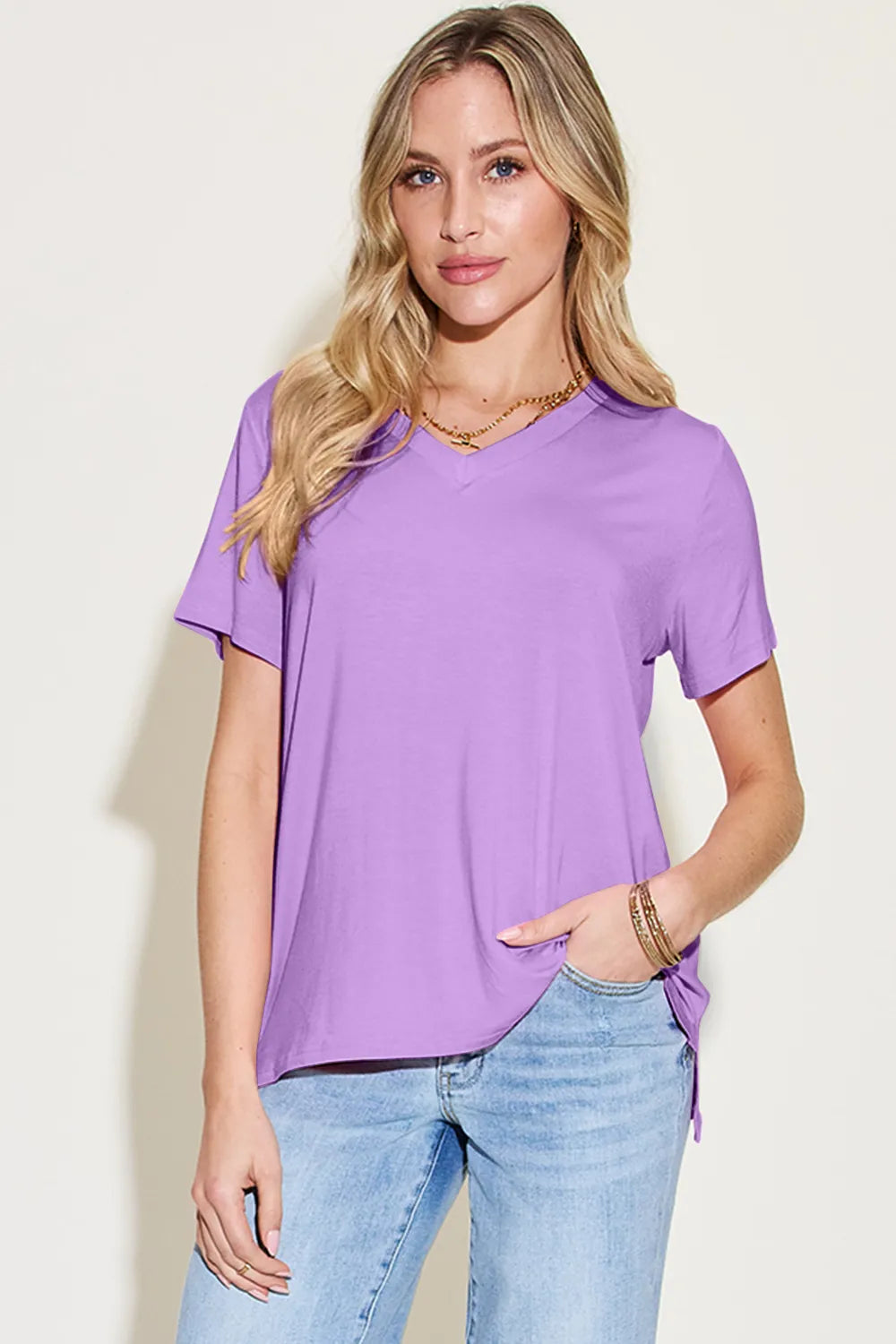 Basic Bae Bamboo Full Size V-Neck High-Low T-Shirt - Roe Creation