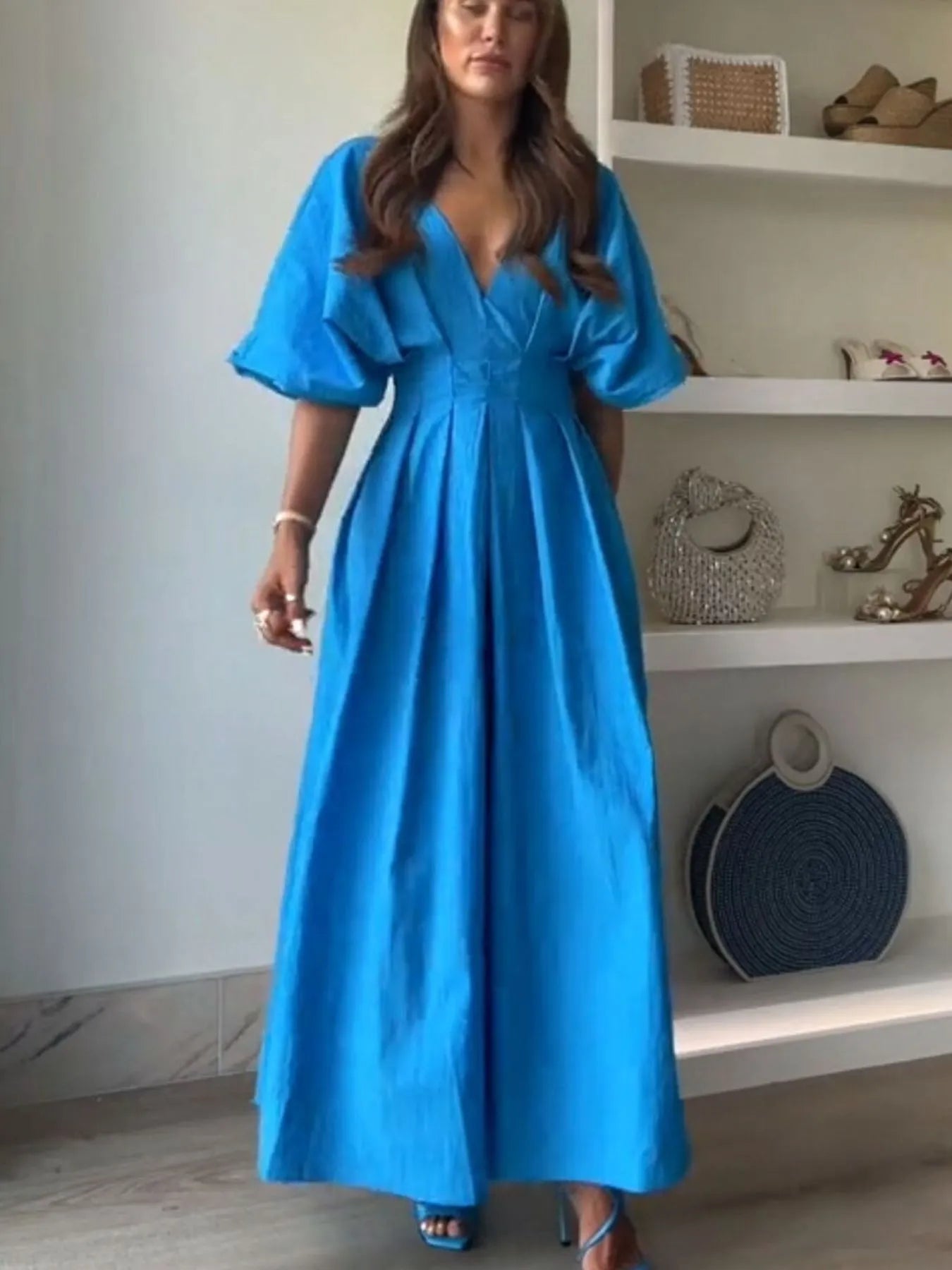 V-Neck Half Sleeve Midi Dress - Roe Creation