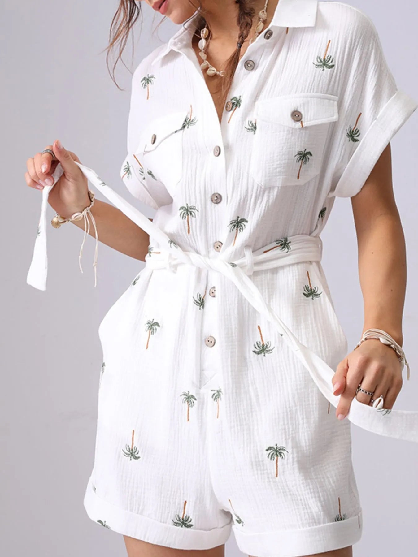 Palm Tree Print Short Sleeve Button-Up Romper with Belt - Roe Creation