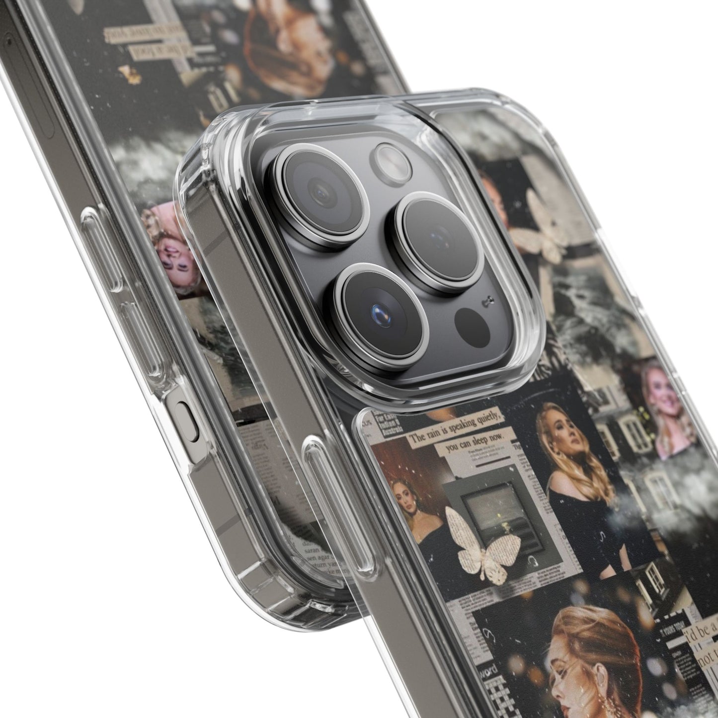 Adele Aesthetic Clear Phone Case with Butterfly Collage Design