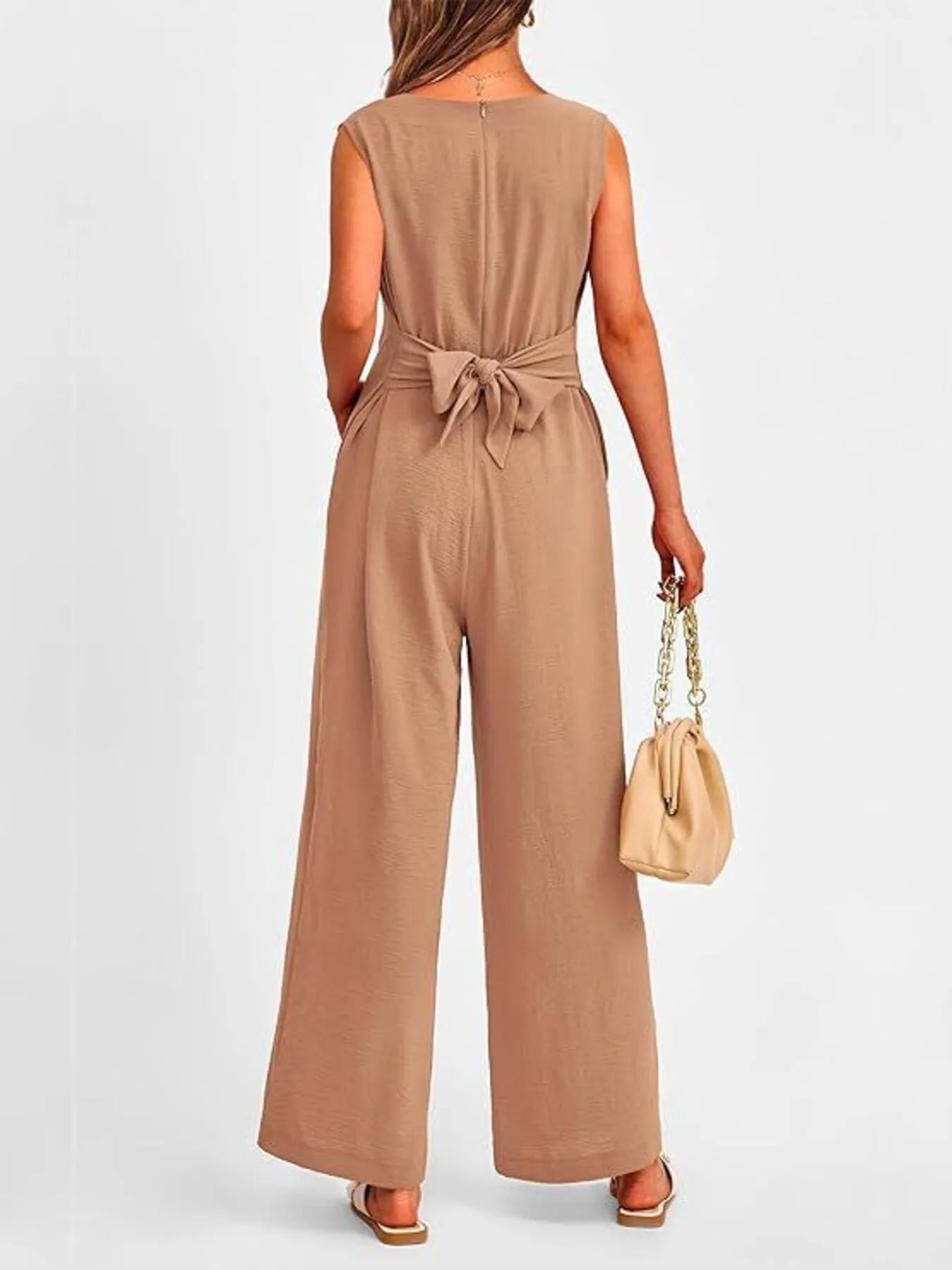 V-Neck Sleeveless Wide-Leg Jumpsuit with Waist Tie - Roe Creation
