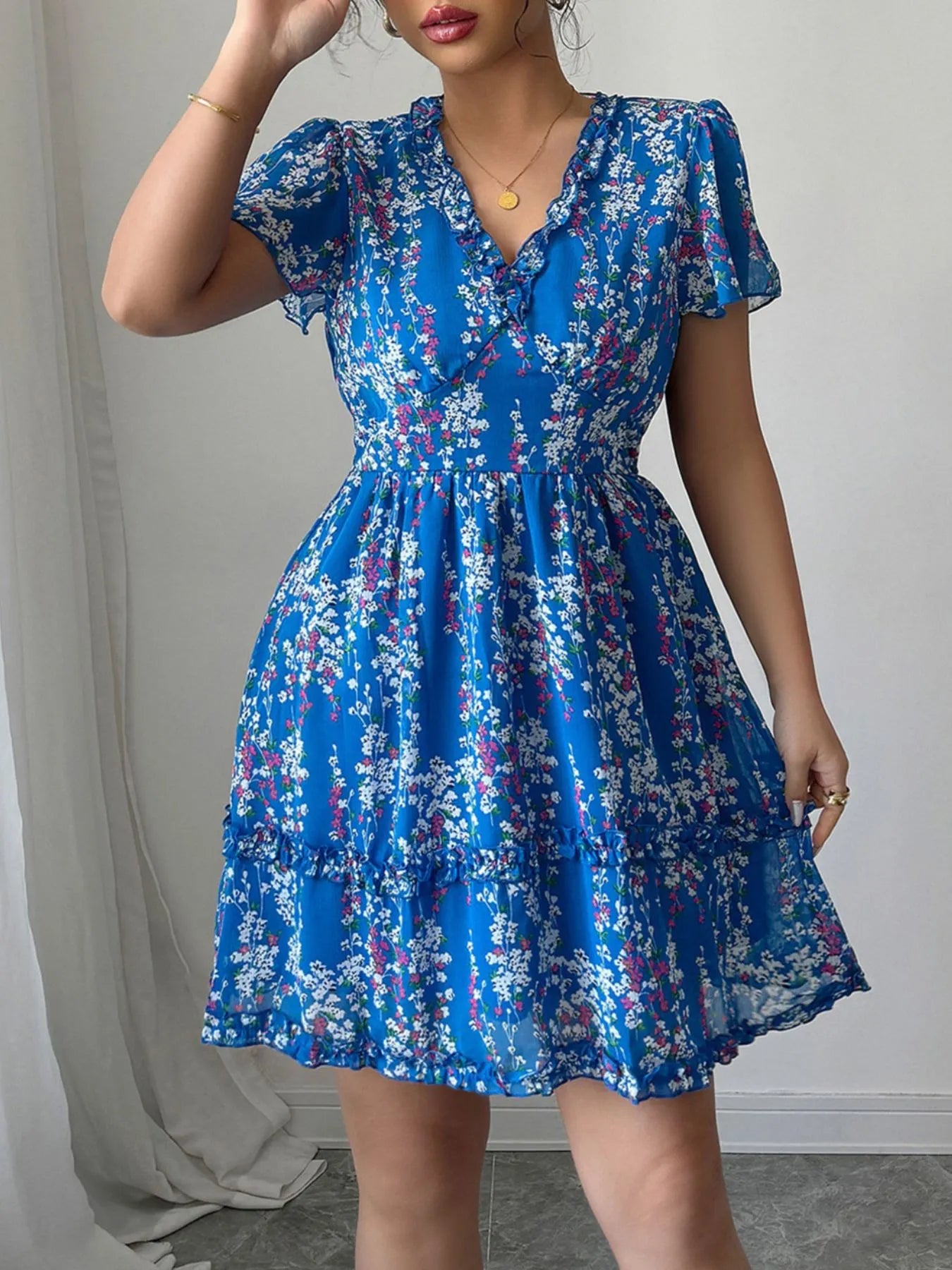 Floral Wrap Dress with Flutter Sleeves - Roe Creation