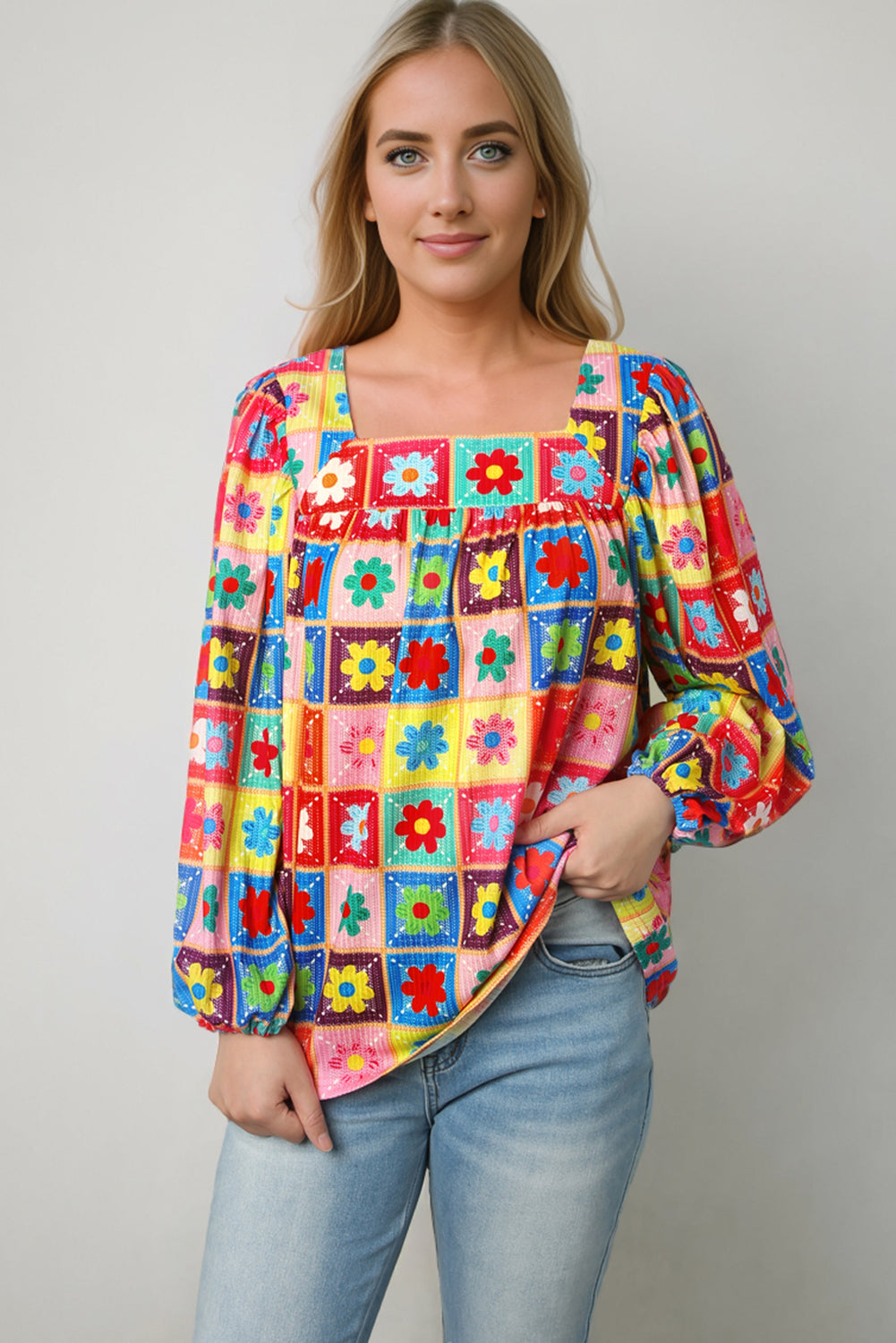 Vintage Retro Balloon Sleeve Blouse – Square Neck Printed Top for Women - Roe Creation