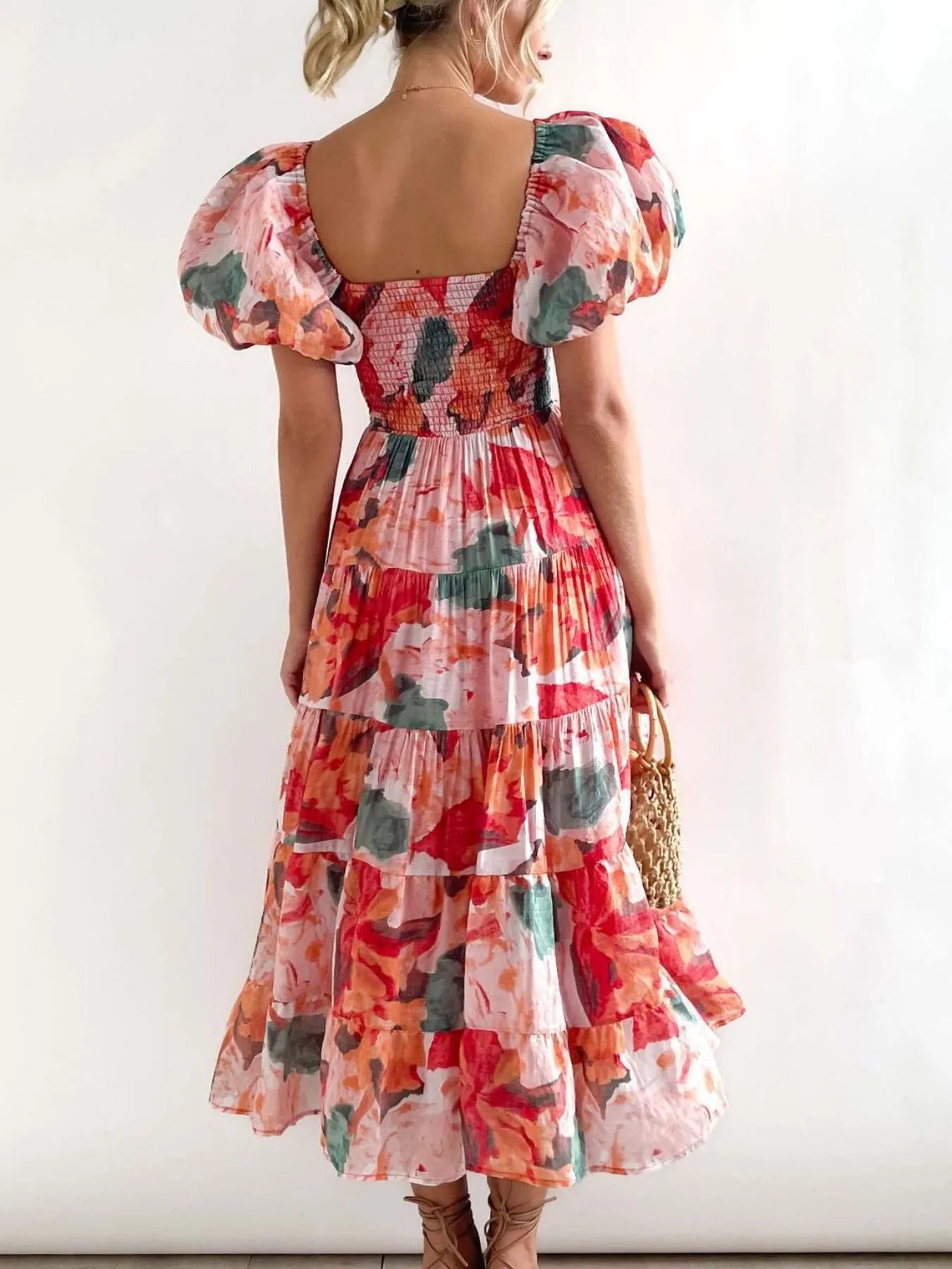 Floral Smocked Puff Sleeve Tiered Dress - Roe Creation