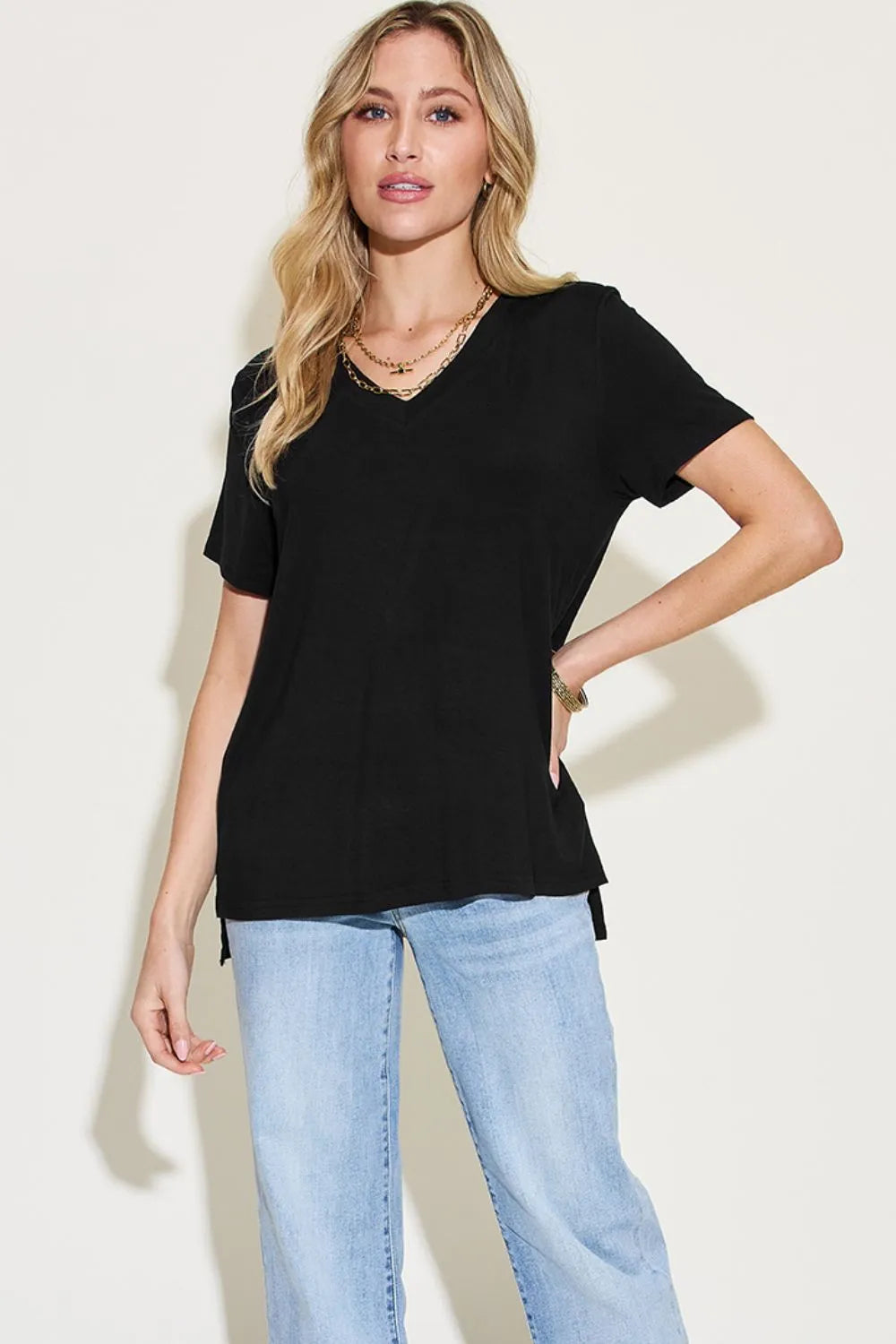 Basic Bae Full Size V-Neck High-Low T-Shirt - Roe Creation