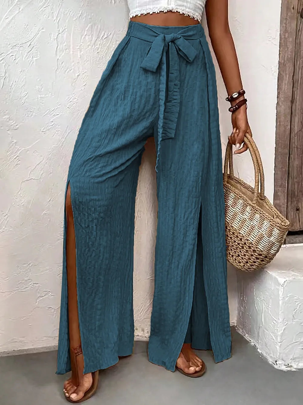 Honey Tied Slit Wide Leg Pants - Roe Creation