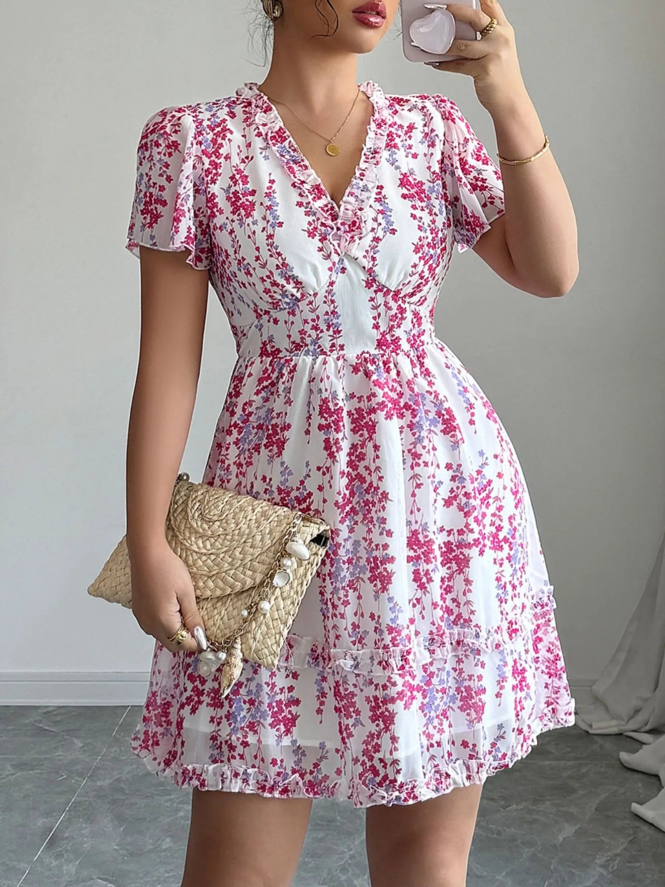 Floral Wrap Dress with Flutter Sleeves - Roe Creation
