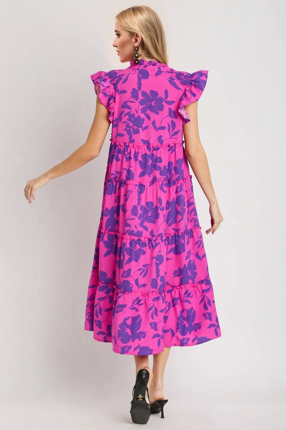 Oh Full Size Ruffled Printed Notched Cap Sleeve Midi Dress - Roe Creation
