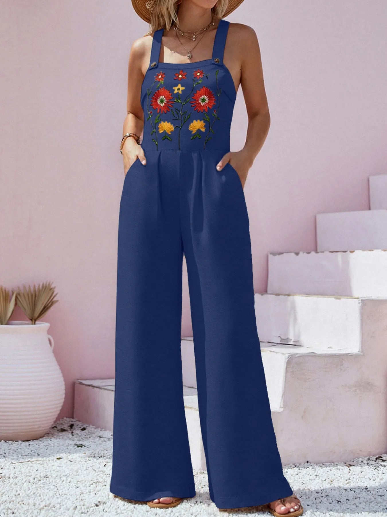 Floral Embroidered Wide Leg Jumpsuit - Roe Creation