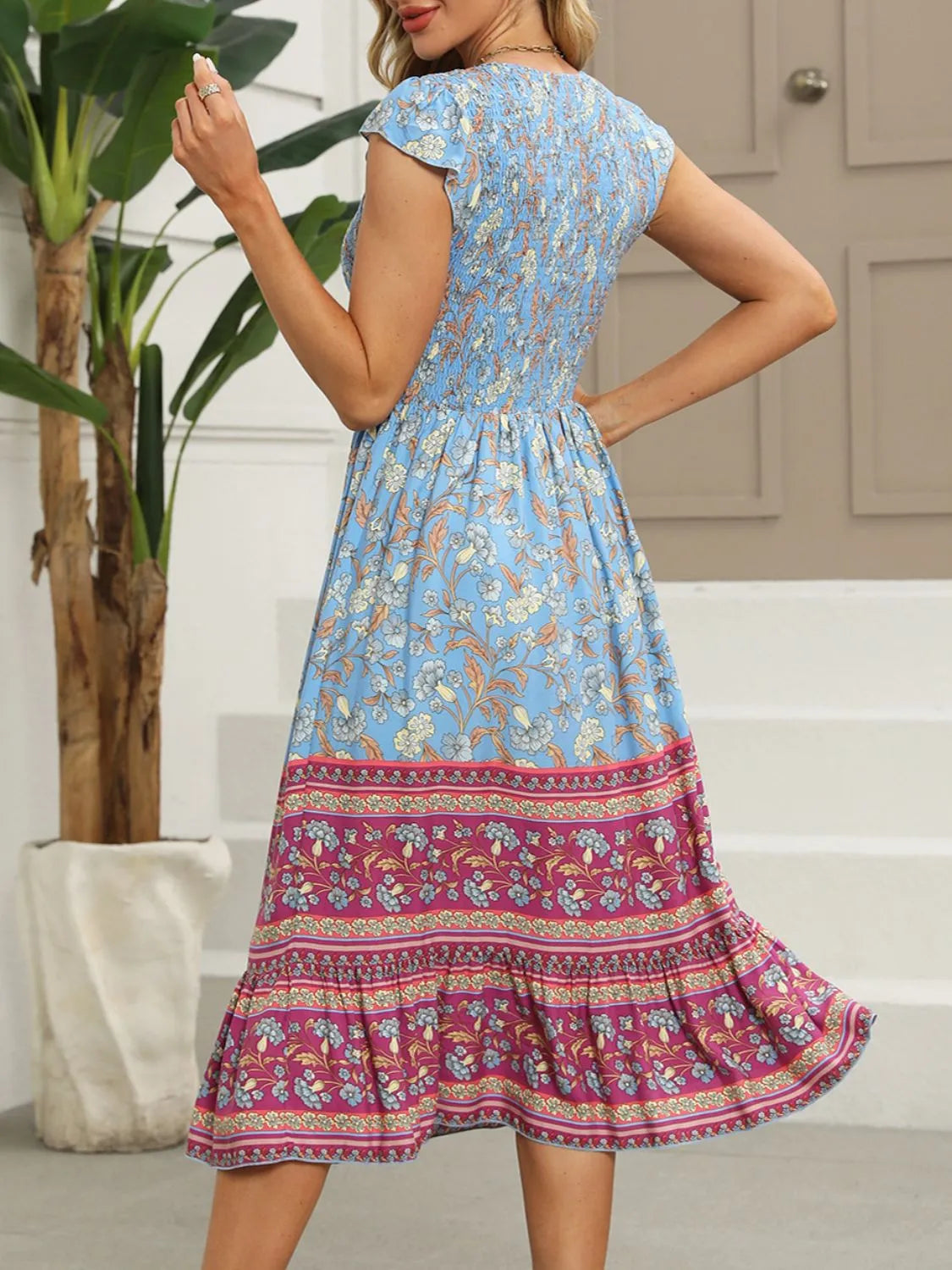 Printed Round Neck Cap Sleeve Dress - Roe Creation